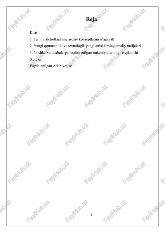 qo'llanila boshlandi, xorijiy universitetlar bilan hamkorlik va talaba mobiliti imkoniyatlari kengaytirildi. bu islohotlar natijasida ta'lim sifatining oshishi, o'qituvchilarning malakasining yuksalishi hamda yoshlar va talabalar uchun imkoniyatlar kengayishi ta'minlandi. raqamli texnologiyalar va onlayn ta'lim talqinlarining kengayishi esa xalqaro miqyosda raqobatbardosh kadrlar tayyorlash imkoniyatini yaratdi. ushbu tadqiqotning maqsadi - 2017-2021 yillarda amalga oshirilgan ta'lim islohotlarining asosiy konseptlarini o'rganish, yangi qonunlar va texnologik yangilanishlarning amaliy natijalarini tahlil qilish hamda yoshlar va talabalarga taqdim etilgan imkoniyatlarning rivojlanishini o'rganishdan iborat. tadqiqot, shuningdek, ta'lim sohasidagi o'zgarishlarning mamlakat iqtisodiy va ma'rifiy rivojlanishiga qo'shgan hissasini aniqlashga qaratilgan. bu izlanish natijalari ta'lim siyosatini takomillashtirish va kelajakda amalga oshiriladigan islohotlarning samaradorligini oshirish uchun asos bo'lib xizmat qiladi. shu bilan birga, bu mavzu doirasida olib boriladigan tahlil va izlanishlar, mamlakatda ta'lim sifatini yanada oshirish va yosh avlodni raqamli va innovatsion bilimlar bilan ta'minlash borasida muhim ma'lumotlar taqdim etadi. i. ta'lim islohotlarining asosiy konseptlarini o'rganish ta'lim islohotlarining asosiy konseptlarini o'rganish mamlakatning ijtimoiy-iqtisodiy …