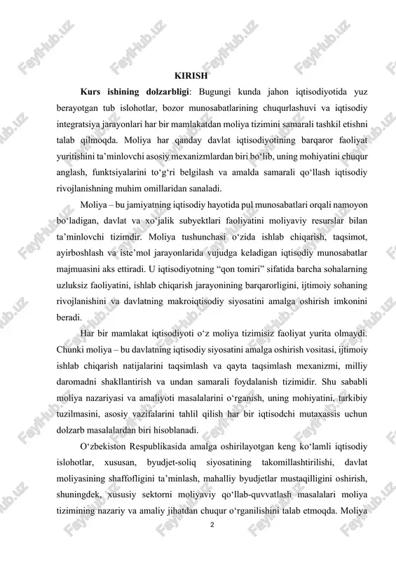 sh tizimidir. shu sababli moliya nazariyasi va amaliyoti masalalarini o‘rganish, uning mohiyatini, tarkibiy tuzilmasini, asosiy vazifalarini tahlil qilish har bir iqtisodchi mutaxassis uchun dolzarb masalalardan biri hisoblanadi. o‘zbekiston respublikasida amalga oshirilayotgan keng ko‘lamli iqtisodiy islohotlar, xususan, byudjet-soliq siyosatining takomillashtirilishi, davlat moliyasining shaffofligini ta’minlash, mahalliy byudjetlar mustaqilligini oshirish, shuningdek, xususiy sektorni moliyaviy qo‘llab-quvvatlash masalalari moliya tizimining nazariy va amaliy jihatdan chuqur o‘rganilishini talab etmoqda. moliya tizimi orqali davlat o‘z iqtisodiy siyosatini amalga oshiradi, ijtimoiy-iqtisodiy dasturlarni moliyalashtiradi, aholining turmush darajasini oshirishga yo‘naltirilgan chora-tadbirlarni amalga oshiradi. o‘zbekiston respublikasi prezidenti shavkat mirziyoyev ta’kidlaganidek, “iqtisodiyotning barqarorligi va ijtimoiy islohotlarning muvaffaqiyati, eng avvalo, davlat moliyasining mustahkamligiga bog‘liq.” shu bois, moliya tizimining nazariy asoslarini puxta bilish, uning funksiyalarini to‘g‘ri tushunish har bir iqtisodchi, moliyachi, tadbirkor uchun zarurdir. moliya tizimi bugungi kunda nafaqat davlat darajasidagi boshqaruv vositasi, balki korxona, tashkilot, bank, sug‘urta kompaniyasi va hatto har bir fuqaroga bevosita taalluqli bo‘lgan iqtisodiy kategoriya sifatida namoyon bo‘lmoqda. moliya iqtisodiyotning …
