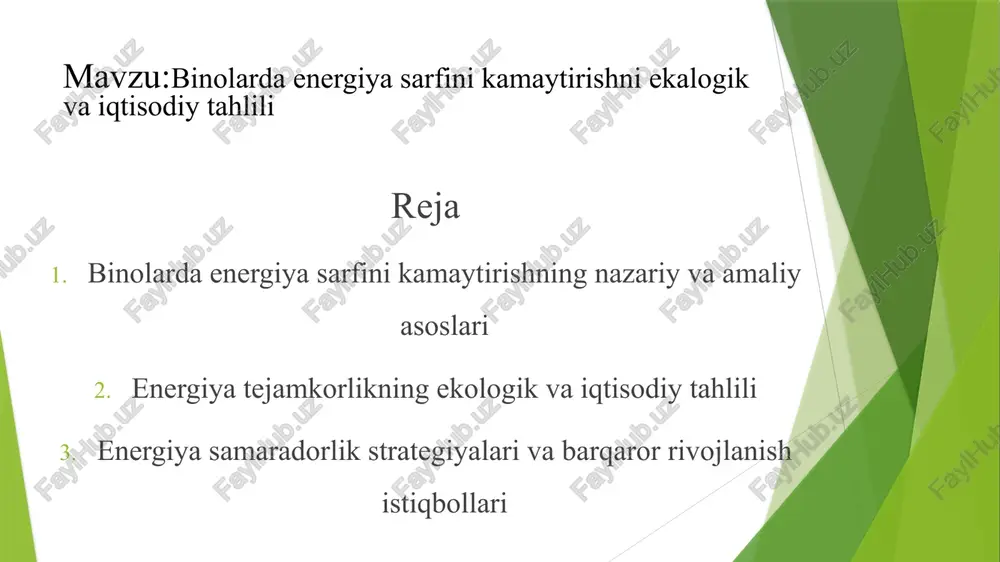 alan, energiya samarali bino yiliga o‘rtacha 30–50 tonna co₂ chiqindilarini kamaytiradi, bu esa 1000 ta daraxt ekish bilan teng ijobiy ta’sirga ega. havo sifatining yaxshilanishi energiya tejamkor texnologiyalar (masalan, quyosh panellari yoki led yoritish tizimlari) ifloslantiruvchi moddalarning kamayishiga olib keladi. shu sababli, bunday binolarda yashovchi yoki ishlovchi insonlarning sog‘lig‘i yaxshilanadi, chang va tutun miqdori pasayadi qayta tiklanadigan energiya resurslariga o‘tish qayta tiklanuvchi manbalar — quyosh, shamol, biomassa — binolarning energiya mustaqilligini oshiradi va ekologik yuklamani kamaytiradi. masalan, quyosh panellari binoning yillik elektr ehtiyojining 30–70 foizini qoplash imkonini beradi. tabiiy resurslardan oqilona foydalanish energiya tejamkor binolar gaz, suv va elektr energiyasidan samarali foydalanadi. bu esa tabiiy resurslarni tejash, suv havzalarini asrash va qazilma yoqilg‘ilarga bo‘lgan ehtiyojni kamaytirish imkonini beradi. iqtisodiy tahlil va ekspluatatsiya xarajatlarini kamaytirish energiya samarali binolar 30–60% gacha energiya tejaydi. bu esa uzoq muddatda binoning ekspluatatsiya xarajatlarini sezilarli kamaytiradi. masalan, har yili 5000 m² maydonga ega ofis binosi o‘rtacha …