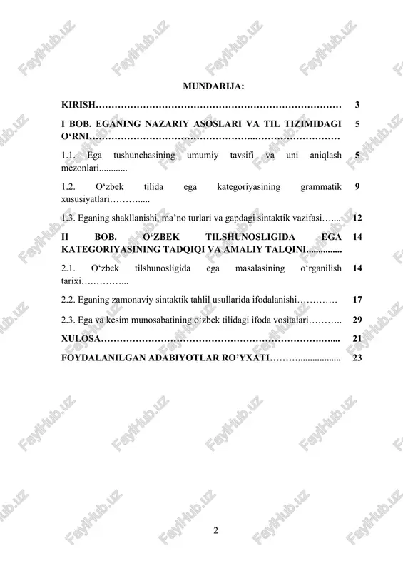 niqlanadi, gapning grammatik asosini tashkil etuvchi kesim bilan uzviy bog‘lanadi va butun gapning mazmuniy markazini belgilaydi. shu sababli “ega” kategoriyasi o‘zbek tilshunosligida ham nazariy, ham amaliy jihatdan dolzarb mavzulardan biri bo‘lib kelmoqda. kurs ishining dolzarbligi - o‘zbek tilida ega kategoriyasining o‘rganilishi til tizimining chuqur grammatik tahlilini ta’minlaydi. chunki ega orqali gapning tuzilishi, mantiqiy yo‘nalishi, so‘zlarning bir-biri bilan munosabati aniqlanadi. bugungi kunda tilshunoslikda ega va kesim orasidagi grammatik moslashuv, egasiz gaplar, yashirin ega, morfologik shakllanishdagi o‘zgarishlar, funksional va semantik tahlil masalalari alohida tadqiqot yo‘nalishiga aylanib bormoqda. zamonaviy o‘zbek tili rivojlanish jarayonida egalarning morfologik va sintaktik jihatdan ifodalanish shakllari kengaymoqda. yangi uslubiy qatlamlarning paydo bo‘lishi, so‘z yasash jarayonidagi o‘zgarishlar va nutq madaniyatining yangicha shakllari egani o‘rganishda yangicha yondashuvlarni talab qilmoqda. shu bois, egani o‘rganish nafaqat sintaksis nazariyasi uchun, balki tilni o‘qitish metodikasi, matn tahlili, nutq madaniyati hamda tarjima nazariyasi uchun ham muhim ahamiyatga ega. kurs ishining ob’ekti — o‘zbek tilidagi ega kategoriyasi, …