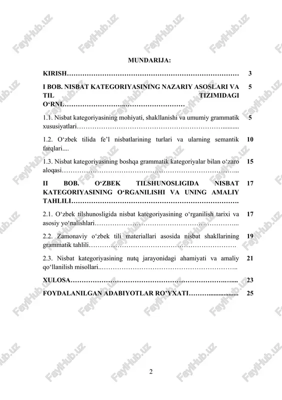 goriyasi o‘zbek tili grammatikasida fe’lning eng muhim grammatik kategoriyalaridan biri sifatida e’tirof etiladi. u harakatning bajaruvchisi (subyekti) va obyekti o‘rtasidagi grammatik munosabatni ifodalashga xizmat qiladi. nisbat orqali fe’lning ma’nosi aniqroq shakllanadi, harakatning yo‘nalishi, bajarilishdagi ishtirokchilarning soni va o‘zaro aloqasi belgilanadi. shu boisdan, nisbat kategoriyasining tildagi o‘rni, grammatik xususiyatlari va semantik imkoniyatlarini o‘rganish tilshunoslik nazariyasi uchun ham, til amaliyoti uchun ham alohida ahamiyat kasb etadi. kurs ishining dolzarbligi - bugungi kunda o‘zbek tili grammatikasi bo‘yicha olib borilayotgan tadqiqotlarda milliy grammatik birliklarning o‘ziga xos xususiyatlarini aniqlashga alohida e’tibor qaratilmoqda. nisbat kategoriyasini o‘rganish bu jarayonda alohida dolzarb ahamiyat kasb etadi. chunki u fe’lning ma’nosini aniqlashtiruvchi, gapning tuzilishiga bevosita ta’sir ko‘rsatuvchi, harakatning kim tomonidan va kimga qaratilganini bildiruvchi muhim grammatik ko‘rsatkichdir. o‘zbek tili grammatikasida nisbat kategoriyasi qadimdan mavjud bo‘lsa-da, uning semantik tuzilishi, morfologik ifodalanish vositalari va nutqdagi o‘rni zamonaviy lingvistik yondashuvlar asosida qayta tahlil etilmoqda. shu bois, bu masalani yangi ilmiy qarashlar asosida o‘rganish, …