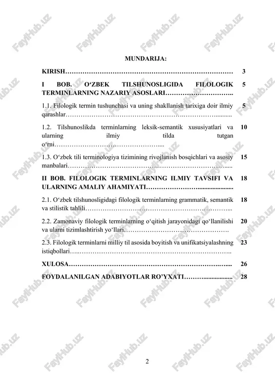 tavsifini o‘rganish orqali tilning strukturasi, so‘z yasalish jarayonlari, semantik o‘zgarishlar hamda ilmiy uslubning shakllanish qonuniyatlarini aniqlash mumkin. shu bilan birga, bu mavzu o‘zbek tili terminologiyasi rivojlanishining tarixiy ildizlarini o‘rganish, terminlarning rus tili, arab tili, fors tili kabi manbalardan kirib kelish jarayonini tahlil qilish, shuningdek, ularni milliy til negizida standartlashtirish masalalarini yoritishga imkon beradi. kurs ishining dolzarbligi - o‘zbek tilshunosligida filologik terminlar masalasi bugungi kunda dolzarb ilmiy muammolardan biri hisoblanadi. mustaqillik yillarida o‘zbek tili davlat tili sifatida barcha sohalarda keng qo‘llanilayotgan bir paytda, ilmiy terminologiyaning mukammallashuvi, filologik atamalarni milliy til negizida ishlab chiqish zaruriyati yuzaga keldi. bu jarayon nafaqat terminlarning mazmunini aniqlashni, balki ularning grammatik, semantik va uslubiy xususiyatlarini chuqur tahlil qilishni ham taqozo etadi. shuningdek, xalqaro ilmiy maydonda o‘zbek tili imkoniyatlarini kengaytirish, fanlararo hamkorlikni mustahkamlash va milliy ilmiy atamalar tizimini yaratish jarayonida filologik terminlarning o‘rni beqiyosdir. bugungi kunda “semantika”, “morfema”, “sintaksis”, “diskurs”, “stilistika” kabi atamalar tilshunoslik fanining ilmiy asoslarini tashkil …