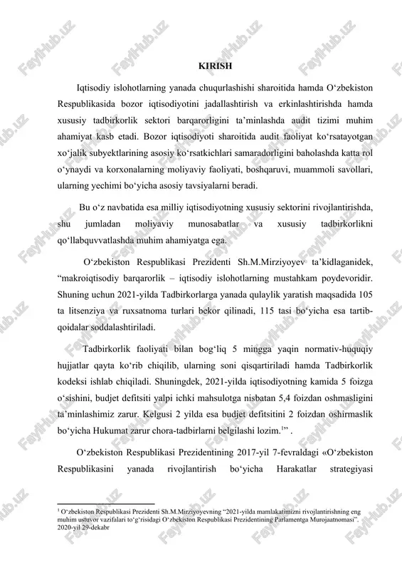 o‘g‘risida »gi pf-4947-sonli farmonida belgilangan 2017–2021-yillarda o‘zbekiston respublikasini rivojlantirishning beshta ustuvor yo‘nalishi bo‘yicha harakatlar strategiyasida1 belgilangan vazifalardan kelib chiqib, o‘zbekistonda amalga oshirilayotgan ijtimoiy-iqtisodiy islohotlar davrida auditorlik faoliyatining me’yoriy-huquqiy va uslubiy bazasi takomillashtirilmoqda, shuningdek, auditorlik faoliyatini litsenziyalashning soddalashtirilgan va muddatsiz tizimi joriy etilmoqda, bu auditorlik xizmatlari bozorining shakllanishiga va mahalliy auditorlik tashkilotlari auditorlik kompaniyalarining yirik xalqaro tarmoqlariga kirishini ta’minlashga imkon yaratadi. jahon iqtisodiyotiga jadal sur’atlar bilan integratsiyalashayotgan o‘zbekistonda hozirgi kunda xalqaro moliyaviy hisobotlar va audit standartlariga o‘tish masalalariga alohida e’tibor berilmoqda. mamlakatimizda auditorlik faoliyatini yanada takomillashtirish zarurati bozor iqtisodiyoti talablariga javob beradigan tijorat direktori, moliya direktori, mijozlar bilan ishlash va xaridlar bo‘yicha loyiha menejeri va boshqa yangi lavozimlarni xalqaro amaliyotga mos ravishda, ularning mansab majburiyati va vazifalarini aniq belgilagan holda, keng joriy etish vazifalari orqali ham namoyon bo‘ladi. 2018-yil 19-sentabrda o‘zbekiston respublikasi prezidentining pq-3946-son «o‘zbekiston respublikasida auditorlik faoliyatini yanada rivojlantirish chora-tadbirlari to‘g‘risida»gi qarori qabul qilindi. qarorda belgilanganidek, qator muammolar va kamchiliklar …
