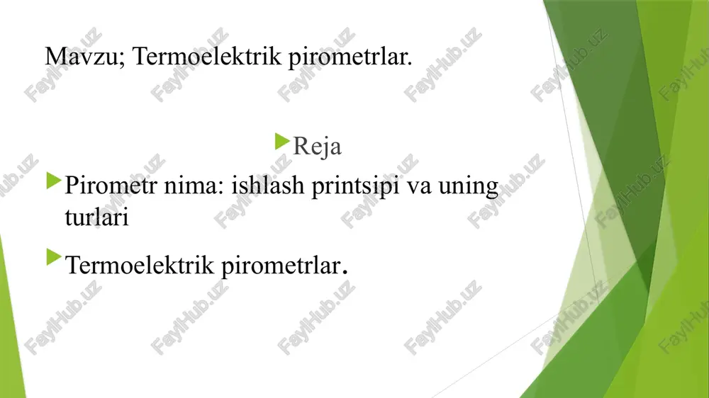 ik muvozanatida turishi va yorugʻlik yutish koeffitsiyenti 1 ga yaqin boʻlishi ke-rak. p. yordamida yuqori temperaturalar oʻlchanadi. ish prinsipiga qarab, ravshan, rangli va radiatsion p. mavjud. ravshan p. kengtarqalgan, ular 103—104°k sohasidagi temperaturalarni aniq oʻlchaydi. spektrning optik sohasida ^"const li jismlar temperaturasini oʻlchashda rangli p.dan foydalaniladi. bunda spektrning koʻk va qizil sohalaridagi ravshanliklar nisbati bl(xl t)/2(x2t) aniqlanadi. asbob shkalasi °s larga boʻlingan, u jismning rang temperaturasi (ts)ni koʻrsatadi. rangli p. ravshan p.dan murakkabroq, lekin sezgirligi va oʻlchash anikligi undan past. rangli p. ham 103—104 °k sohasidagi temperaturalarni oʻlchaydi.jismning toʻliq nurlanishini ifodalovchi radiatsion p. sezgir, lekin oʻlchash aniqligi pastroq. ularning ishi stefan—bolsman nurlanish qonuni va kirxgof nurlanish qonunita asoslangan. dt-8858 – pirometr dt-8858 pirometrining maqsadi: dt-8858/8859 seriyali pirometrlar sirt haroratini o'lchash uchun tez va aniq ko'rsatkichlarni ta'minlaydi. dt-8858 pirometrining xususiyatlari: optik o'lchamlari 50: 1; harorat: -50 ° c ~ 1300 ° c / -58 ° f ~ 2912 ° f; orqa …