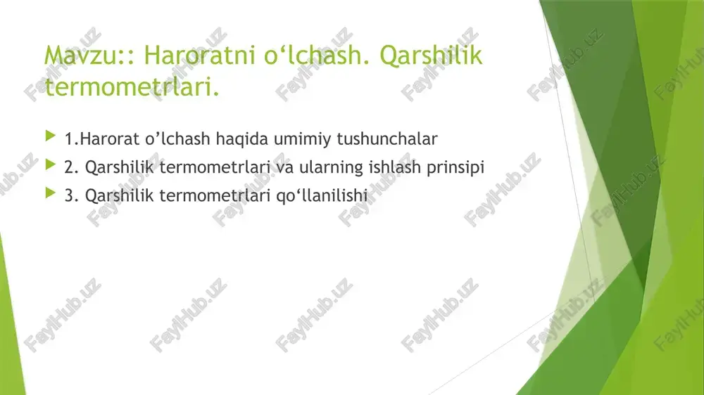 cha ifodalangan harorat bilan shu haroratning xalqaro shkala bo‘yicha ifodasi orasidagi munosabat quyidagi tenglama orqali aniqlanadi: t = t + 273,15bu yerda:t — absolyut termodinamik shkaladagi k harorat;t — xalqaro amaliy shkaladagi °c harorat.angliya va aqshda 1715-yilda taklif qilingan farengeyt shkalasi (°f) qo‘llaniladi. bu shkalada ikki nuqta: muzning erish nuqtasi (32°f) va suvning qaynash nuqtasi (212°f) asos qilib olingan. xalqaro amaliy shkala, absolyut (mutloq) termodinamik shkala va farengeyt shkalasi bo‘yicha hisoblangan harorat munosabati quyidagicha:t °c = t °k - 273,15 = 0,556 (n °f - 32) ishlab chiqarish sanoat haroratini o‘lchash vositalaridan foydalanish chegaralari o‘tkazgich va yarimo‘tkazgichlarning harorati o‘zgarishi sababli elektr qarshilikning o‘zgarishiga asoslanib ishlovchi termometrlar qarshilik termometrlari deyiladi haroratni qarshilik termometrlari bilan o'lchash harorat o'zgarishi bilan elektr o'tkazgich hamda yarim o'tkazgichlar elektr qarshiligining o'zgarish xususiyatiga asoslangan. demak, o'tkazgich yoki yarimo'tkazgichning elektr qarshiligi uning harorati funksiyasidan iborat iborat, ya'ni r = f (t).bu funksiyaning ko'rinishi termometr qarshiligi materialining xossalariga bog'liq. …