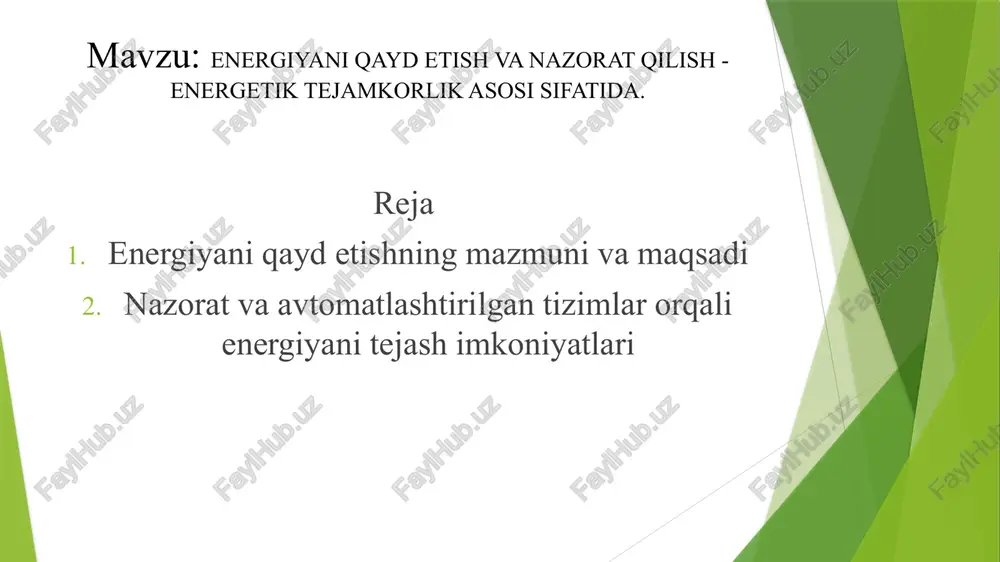 avtomatlashtirilgan ma'lumotlarni yig‘ish va boshqarish tizimi bilan ishlaydi. ushbu tizim “hududiy elektr tarmoqlari” aj tomonidan joriy etilgan. bu tizimlar yordamida: elektr energiyasi aniq o‘lchanadi; ma’lumotlar masofadan avtomatik yuboriladi; yo‘qotishlar aniqlanadi, noqonuniy ulanishlarga barham beriladi. shuningdek, har bir hisob tizimi: aniqlik sinfi bo‘yicha sertifikatlangan bo‘lishi kerak; belgilangan joyda qonuniy ravishda o‘rnatilishi lozim; tarmoqdagi balans nuqtalarida o‘rnatilishi maqsadga muvofiq. energiya va energiyani qayd qilish qurilmalari energiya nazorati orqali: texnologik, xo‘jalik va ishlab chiqarish ehtiyojlari uchun energiya sarfi aniqlanadi; energiya auditi va energomenedjment orqali isrofgarchilik kamayadi; xarajatlar nazorat ostida bo‘ladi va energiya tejashga erishiladi. xulosa ushbu mavzuni o‘rganish jarayonida elektr energiyasini hisobga olish va uni nazorat qilish energetik tizimlarda tejamkorlikka erishishning muhim bosqichi ekanini tushundim. energiya sarfini to‘g‘ri hisoblash, yo‘qotishlarni aniqlash va nazorat qilish orqali energiya resurslaridan oqilona foydalanish mumkin.ayniqsa, avtomatlashtirilgan hisob tizimlarining joriy etilishi nafaqat to‘lovlar shaffofligini ta'minlaydi, balki energiya auditi, balans nazorati va iste’mol monitoringi orqali umumiy samaradorlikni oshiradi. hisob va …