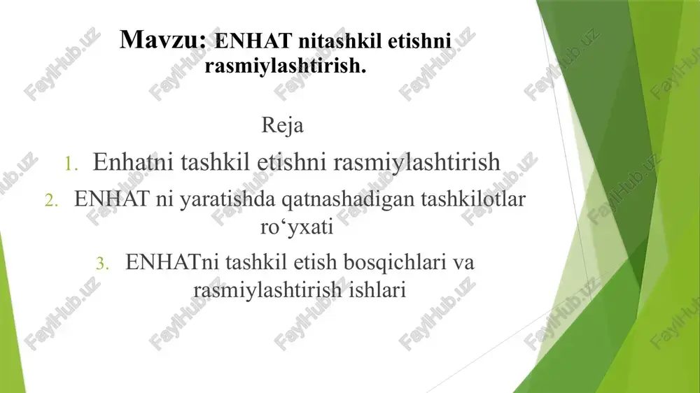 atish bo‘yicha alohida ishlarni bajarilishini ta’minlaydigan buyurtmachi-tashkilot (foydalanuvchi);- at ni yaratish bo‘yicha ishlarni amalga oshiradigan, buyurtmachiga turli yaratish davrlari va bosqichlarida ilmiy-texnik xizmatlarni taqdim etadigan, shuningdek, at turli dasturiy va texnik vositalarini ishlab chiqadigan va yetkazib beradigan ishlab chiquvchi-tashkilot ishlab chiquvchi yoki buyurtmachi buyurtmasi bo‘yicha dasturiy va texnik vositalarini tayyorlaydigan va yetkazib beradigan yetkazib beruvchi-tashkilot; - at ni yaratishga bog‘liq qurilish, elektrotexnik, sanitar-texnik va boshqa tayyorlash ishlarini olib borish uchun avtomatlashtirish ob’ekti loyihasining turli qismlarini loyihalashtiruvchi-tashkilotlar; - qurilish, montaj, yig‘ish va boshqa tashkilotlar. markazdagi serverlar. dasturiy ta’minot 8 mln iste’molchini ulashga mo‘ljallangan, kelgusida bu ko‘rsatkichni 20 mlnga yetkazish imkoniyati mavjud. enhat tashkil etish bosqichlari va rasmiylashtirish ishlari 1.talablarni shakllantirish 🔹 ob’ektni o‘rganish, avtomatlashtirish zaruriyatini asoslash 🔹 foydalanuvchi talablarini yig‘ish va hujjatlashtirish 🔹 hisobot va texnik-iqtisodiy asoslash hujjatlari tayyorlash 2.konsepsiyani ishlab chiqish 🔹 ob’ekt bo‘yicha ilmiy-tadqiqot ishlari o‘tkazish 🔹 turli konsepsiya variantlarini ishlab chiqish va baholash 🔹 variantlarning afzalliklari, kamchiliklari, resurs …