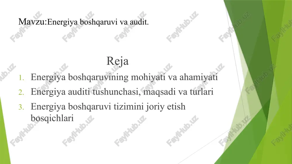 ydi. raqobatbardoshlikni oshirish: korxonalar uchun energiya sarfini kamaytirish ishlab chiqarish xarajatlarini kamaytirib, ularning bozor raqobatbardoshligini oshiradi. energiya auditi tushunchasi, maqsadi va turlari energiya auditi — bu korxona, bino yoki tizimdagi energiya iste’molini tahlil qilish, energiya samaradorligini baholash hamda energiyani tejash imkoniyatlarini aniqlash jarayonidir. ushbu jarayon davomida ishlab chiqarish, isitish, yoritish, sovutish, elektr ta’minoti va boshqa energetik tizimlar o‘rganiladi. energiya auditining asosiy mohiyati — mavjud energiya resurslarining qayerda va qanday sarflanayotganini aniqlash, yo‘qotishlarni kamaytirish hamda energiya xarajatlarini kamaytirish yo‘llarini topishdan iborat.energiya auditining asosiy maqsadi — energiya resurslaridan oqilona va samarali foydalanishni ta’minlashdir. boshqa maqsadlar quyidagilarni o‘z ichiga oladi: korxona yoki binoda energiya sarfini tahlil qilish va isroflarni aniqlash. energiya samaradorligini oshirish chora-tadbirlarini ishlab chiqish. elektr, issiqlik va yoqilg‘i resurslari uchun optimal boshqaruv tizimini yaratish. energiya tejamkor texnologiyalarni joriy etish imkoniyatlarini ko‘rsatish. ekologik ta’sirni kamaytirish va barqaror rivojlanishga hissa qo‘shish. energiya xarajatlarini kamaytirish orqali iqtisodiy foyda olish. energiya auditi turlari energiya auditi …