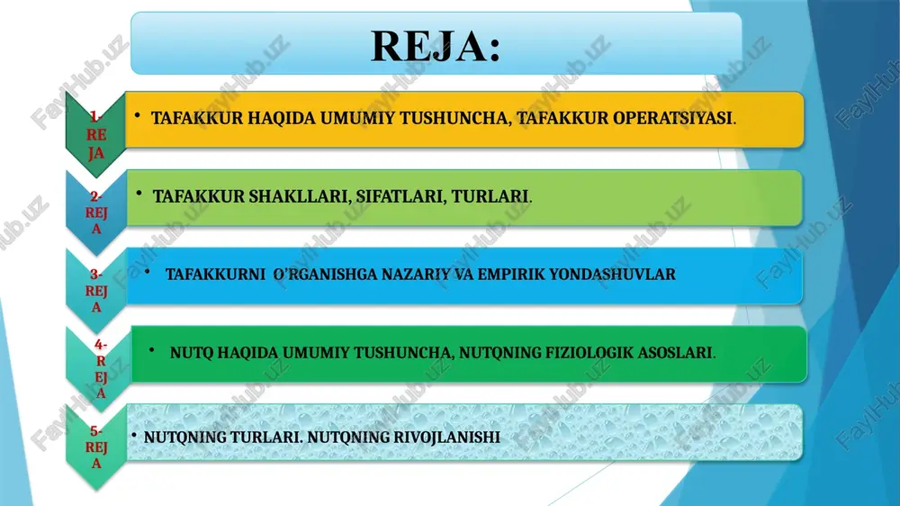a va hodisalarni fikran tarkibiy qismlarga ajratishdan iborat aqliy jarayon. masalan: psixologiyada ong hodisasi analiz qilinar ekan, u aql iroda, hissiyot deb uch qismga ajiratiladi. biror o`simlikni o`rganishda uning qismlarini ildizi, tanasi, shohi, bargi, guli, mevasi va hokazolarni qismlarga bo`lib o`rganiladi. 2. sintez-yunoncha qo`shish, birlashtirish, narsa va hodisalarning tarkibiy qismlari va sifat xususiyatlarini fikran yoki amaliy ravishda bir butun qilib qo`yishdan iborat aqliy jarayondir. masalan: narsa hodisalarning muhim belgilari qo`shilishidan yaxlit bir tushuncha hosil bo`ladi. harflardan bo`g`inlar, bo`g`inlardan so`zlar, so`zlardan gap, gapdan nutq hosil bo`ladi. 3. taqqoslash-narsa va hodisalarni bir-bir solishtirish, ular o`rtasidagi o`xshashlik, farq, tenglik va qarama - qarshiliklarni topishdir. taqqoslash tafakkur jarayonlarida muhim ahamiyat kasb etadi. taqqoslash har qanday tushunish va har qanday fikrlashning negizidir, dunyodagi hamma narsalarni bir-biri bilan taqqoslamasdan bila olmaymiz. 4. umumlashtirish-tafakkurda aks etgan bir turkum narsalarning o`xshash, muhim belgilarni shu narsalar to`g`risida bitta tushuncha bo`lib fikran birlashtirish: masalan piyoz, kartoshka, karam, sabzi kabilarga xos …