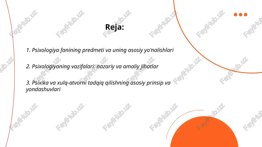 a yo‘naltirilgan), kognitiv (ma’lumotlarni qayta ishlash), biologik-nevrofiziologik, rivojlanish va humanistik yondashuvlar; metodologik pluralizm va nazariy integratsiya prinsipi muhim. ... t.me/slaydai_bot 4. psixologiyada ilmiy tadqiqot turlari: fundamental va amaliy tadqiqotlar fundamental tadqiqotlar psixologiyaning asosiy qonun va nazariyalarni aniqlashga qaratilgan; nazariy model yaratish, empirik tekshiruv, uzoq muddatli, umumlashtirilgan bilim beradi. amaliy tadqiqotlar konkret ijtimoiy yoki klinik muammolarni hal etishga yo‘naltirilgan; interventsiya, diagnostika, texnologiya ishlab chiqish, tezkor va kontekstga xos natija beradi. ikkalasi eksperimental, korrelatsion, longitudal va psixometrik metodlardan foydalanadi; fundamental bilim amaliyotni informatsiyalaydi, amaliy natijalar nazariyani takomillashtiradi. ... t.me/slaydai_bot nazariy metodlar psixologiyada umumiy tushunchalar, nazariyalar, model va gipotezalarni ishlab chiqish, konseptual tahlil va tizimlashtirishga xizmat qiladi. empirik metodlar esa kuzatuv, eksperiment, test, anketa va statistik tahlil orqali maʼlumot yigʻish va gipotezalarni tekshirishga yoʻnaltirilgan. farqi: nazariya abstraksiya va konseptga urgʻu beradi, empiriya konkret maʼlumot va tekshiruv bilan tasdiqlaydi. roli: bir-birini toʻldiradi, nazariyani boshqaradi va empirik dalillar bilan takomillashtiradi. ... t.me/slaydai_bot 1. kuzatuv metodikasi …