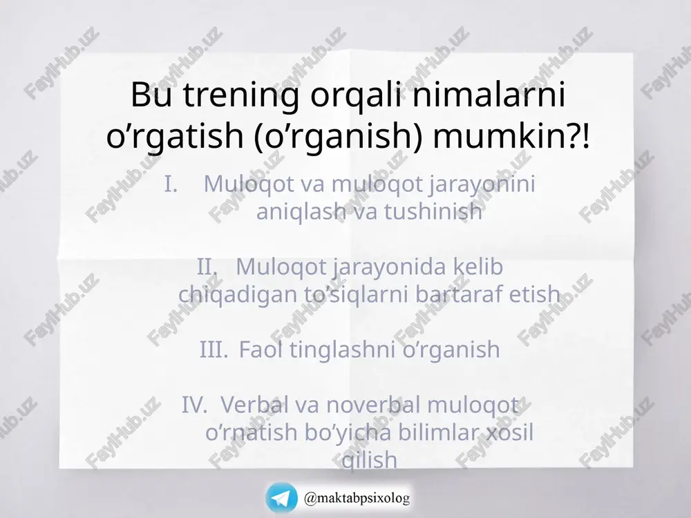 tayyorlab qo’yilgan qiziqarli lekin ishtirokchilarga noma’lum hikoya) matnni o’qiydi. eslab qolib matnni qaytib joyiga qo’yadi. 2- ishtirokchiga matnni aytib beradi. hech kim eshitmasligi zarur. keyin 2- ishtirokchi u matnni shu tarzda 3- ishtirokchiga yetkazadi (eslab qolib aytib beradi). ohirgi ishtirokchi bu matnni hammaga e’lon qiladi. va 1- ishtirokchi o’qigan matn bilan taqqoslab baland ovozda o’qiydi. 8 bu o’yin orqali ishtirokchilarga faol tinglash, muloqot jarayonidagi to’siqlar va axborotning o’zgarish darajasi …kabilar tushuntirilishi mumkin! eshitish passiv psixik jarayon, u sezgi, fiziologik jarayondir. u barcha jonzotda mavjud. eshitish va tinglash tinglash aktiv psixologik jarayon, aqliy faoliyat, tushunish(anglash) va fiziologik jarayonda sodir bo’ladi, o’rganish jarayonini yuzaga keltiradigan ko’nikma, u shakllantiriladi.faqat inson tinglaydi. 9 tinglash qiyin. siz tinglash jarayonida qatnashishni o’zlashtirishingiz muhim. yaxshi tinglash xushmuomalalik va xulq-atvorni aks ettiradi, rahbarlarning ko'rsatmalariga diqqat bilan quloq solish, malaka va ish faoliyatini oshiradi. sust tinglash mahoratining natijasi biznes, ish va ijtimoiy munosabatlarga salbiy ta’sir qiladi. yaxshi tinglash boshqalarning …