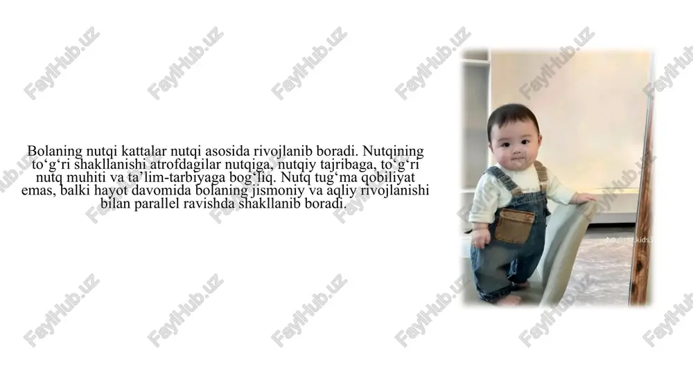 shgacha; 4) maktab davri. birinchi davr — tayyorgarlik davri (bola tug'ilgandan bir yoshgacha). bola tug'ilgan daqiqadan boshlab ovoz chiqaradi. bu ovoz qichqiriq va yig'idan iborat bo'ladi. to'g'ri, bu ovoz odam nutqidan uzoq. lekin ana shu qichqiriq va yig‘i nutq apparatining 3 bo'limini (nafas olish, ovoz hosil bo'lish, artikulatsion) rivojlanishida katta rol o'ynaydi. ikki hafta o'tgach, bola gapirayotgan odamning ovoziga e’tiborbera boshlaydi. unga gapirayotganda quloq soladi, yig'lashdan to'xtaydi. bir oyligining oxiriga borib, uni mayin qo'shiq (alia) ostida tinchlantirish mumkin bo'lib qoladi. keyinchalik u boshini gapirayotgan odam tomonga buradi yoki uni ko'zlari bilan kuzatadi. tez kunda bola intonatsiyaga e’tiborbera boshlaydi: mayin gapirganda tinchlanadi, keskin intonatsiyaga yig'laydi. 2 oylik atrofida gu-gulash, 3-oyning boshida bo'g'inlarning talaffuzi paydo bo'ladi (aga-aga, ta-ta, ba-ba va boshqalar). bunda tovushlar birikmasi aniq artikulatsiya qilinmaydi. chug'urlash bosqichining namoyon bo'lish muddatiga kelsak, bu yerda turli fikrlar mavjud: bir guruh mualliflar bu bosqich bola hayotining 2-oyi oxirlarida va 3-oyning boshlarida namoyon bo'ladi …