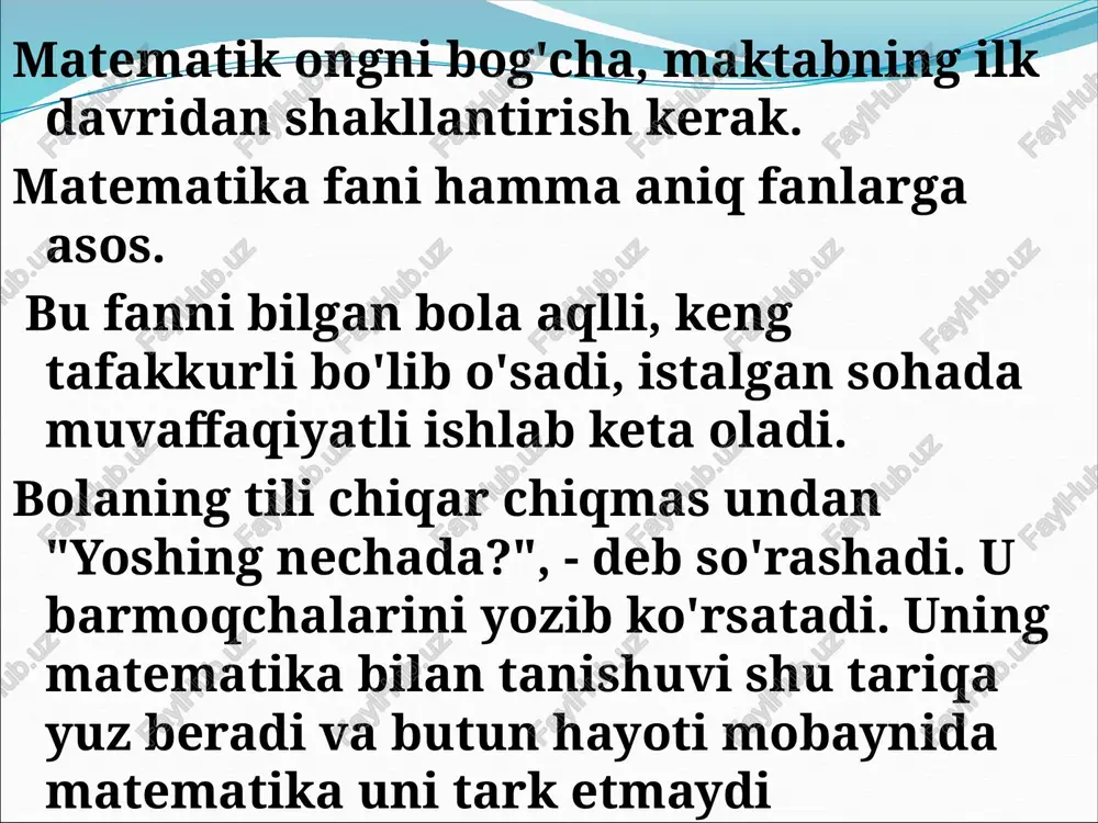 3. matematika o'qitishning aniq metodikasi. bu bo'lim ikki qismdan iborat: 1. umumiy metodikaning xususiy masalalari; 2. maxsus metodikaning xususiy masalalari. matematika o'qitish metodikasining predmeti va boshqa fanlar bilan aloqasi o'qitish maqsad lari o'qitish forma lari o'qitish vosita lari o'qitish ning mazmuni o'qitish metod lari matemetika o'qitish metodika si matematika pedago gika va yosh psixologiyasi tabiatshunos lik ona-tili mexnat va tasvi riy san'at 1 arifmetik materiallar kursning asosiy mazmunini tashqil qiladi. 2 boshlang'ich sinf materiali kontsentrik tuzilgan. 3 nazariya va amaliyot masalalari o'zaro bog'langan xarakterga ega. 4 matematik tushuncha, xossa, qonuniy bog'lanishlarni ochish kursda o'zaro bog'langan. 5 xar bir tushuncha rivojlantirilgan holda tushuntiriladi. 6 asosiy tushunchalar va natijaviy o'zaro bog'lanishda berilgan. boshlang'ich sinf matematikasining mazmuni va tuzilishi o'nlik minglik ko'p xonali sonlar yuzlik boshlang'ich sinflarda matematika darsi va uning turlari matematika darsining zamonaviy tuzilishi darsni tashkil etish uy vazifasini tekshirish maxsus og'zaki mashqlar o'quvchilar oldiga dars maqsadini qo'yish o'quvchilarni yangi materialni …