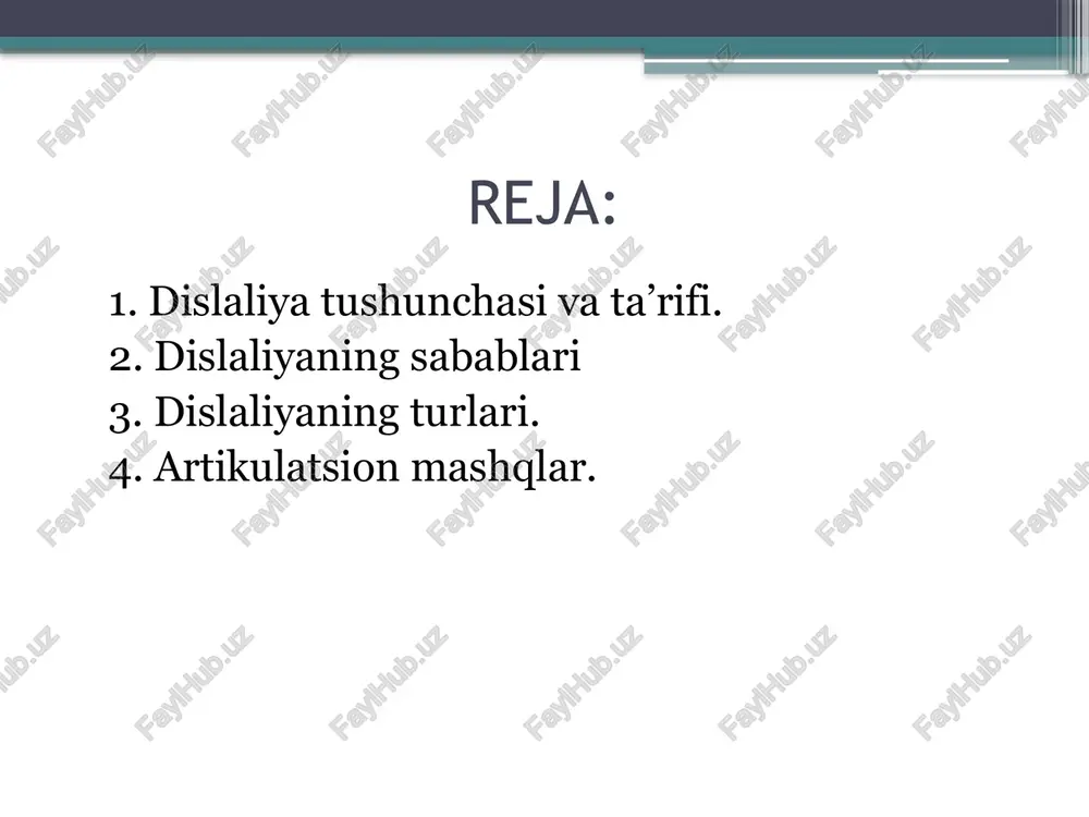 r ko‘rsatadi. ko‘pincha bola oilada tovushlarni noto‘g ‘ri talaffuz etuvchi kishi nutqiga taqlid etadi. bu esa funksional dislaiiyaga sabab boladi. oiladagi ikki tillilik, pedagogik qarovsizlik ham funksional dislaliyaga sabab bo‘ladi. bunda tovushlarga e’tibor bermaslik, boladagi kamchiliklami to‘g‘irlamaslik, to‘g‘ri va aniq talaffuz namunalarini bermaslik hollari ko‘zda tutiladi. dislaliya artikulatsion apparat a’zolarining (til, lab, pastkí jag‘) harakatchanligidagi kamchiliklar natijasida ham sodir boladi. bu hol bolaning tilni kerakli holatda ushlab tura olmasligi yoki bir harakatdan ikkinchi harakatga tez o‘ta olmasligida namoyon boladi. dislaliya funksional eshituvning pasayishi natijasida ham paydo bo‘lishi mumkin. bolaning aqliy rivojlanishidagi kamchiliklar ham og‘ir va uzoq davom etadigan dislaliyaga sabab boladi. oligofren bolalaming 50% da tovushlar talaffuzidagi kamchiliklar bo ‘lishi mumkin. dislaliya turlari. 1. sigmatizm (grekcha "sigma" ”s" harfining nomini bildiradi). bunda sirg‘aluvchi (s, z) va shovqinli (sh,j, ch) tovushlar talaffuzida kamchiliklar kuzatiladi. 2. rotatsizm (grekcha "ro" harfi nomidan olingan bolib, "r" tovushni bildiradi) – r tovushning talaffuzidagi kamchiliklardir. r …