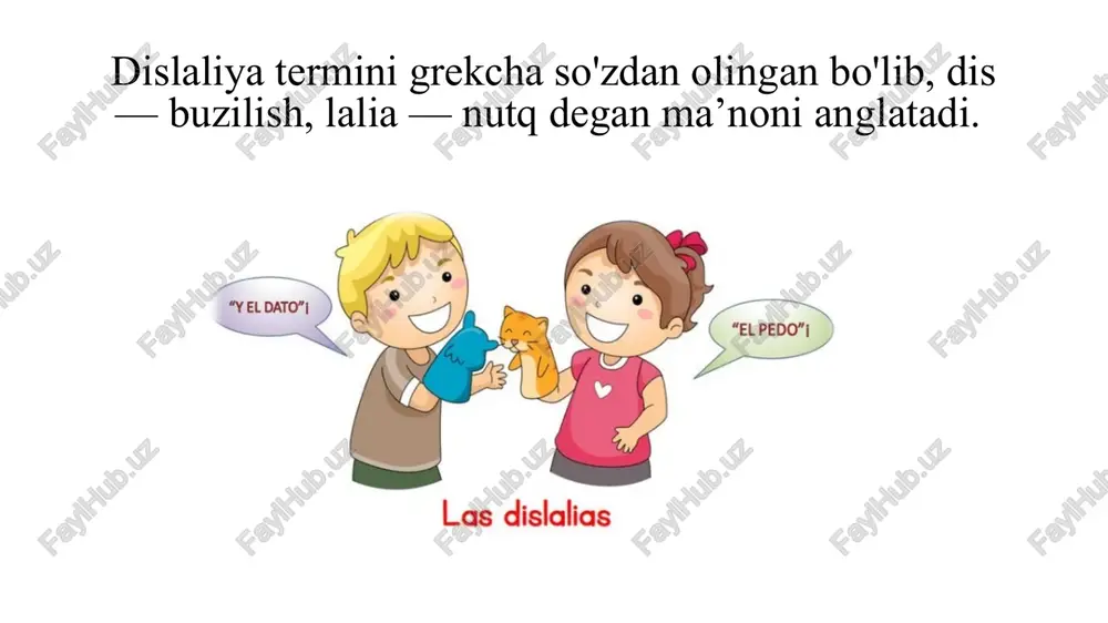 ‘rsatgan: funksional eshitish qobiliyatini pasayishi "dislossiya" termini m.ye. xvatsev dislaliyani uchta formasini ko‘rsatadi: nutq organ-larini qo'pol anatomik nuqsonlari bo'lgan mexanik (tanglay yoriqlari, til osti yuganchasining kaltaligi); periferik quloq og'irligi, jag‘ va tishlar anatomiyasi, shuningdek, til va tanglay, lab anomaliyasi bilan bog'iiq bo'lgan organik, yumshoq tanglay muskullarining bo'shlig'i, til uchi egiluvchanligining yetishmasligi, nafas chiqarayotgan havo oqimining sustligi sababli kelib chiqadigan funksional formasi va boshqalar. etiologikl belgilarga ko‘ra dislaliya ikki shaklga bo'linadi: mexanik (organik) va funksional dislaliya.dislaliya dislaliya mexanik dislaliya va uning sabablari: mexanik (organik) dislaliya periferik nutq apparatning (til, jag‘, tanglay, tish) organik buzilishi natijasidir. til tagidagi etning (yugancha) kaltaligi mexanik dislaliyaga sabab bo'ladi. bu kamchilik til harakatini qiyinlashtiradi, til tagidagi etning haddan tashqari kalta bo'lishi tilning yuqori tomon ko'tarilishiga imkon bermaydi. bundan tashqari, tilning haddan tashqari katta bo'lishi yoki haddan tashqari kichik va tor bo'lishi ham dislaliyaga olib keladi. bunday hollarda to'g'ri artikulatsiya qiyinlashadi. jag' tuzilishidagi kamchiliklar prikus nonormalliklarga olib …
