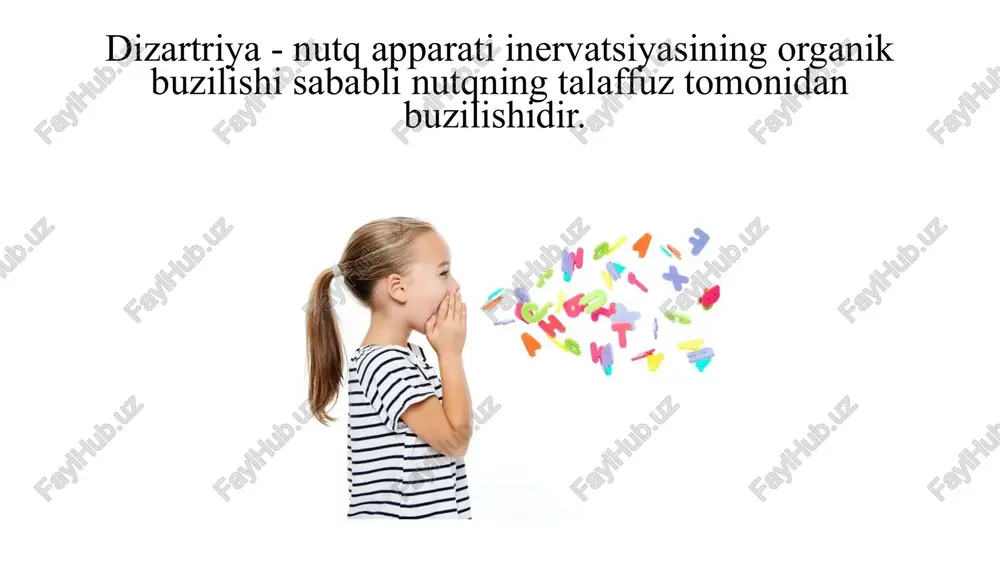 periferik dizartriya; — chuqur sezuvchanlikning buzilishi bilan bogiiq dizartriya; — miyaning aralash shikastlanishlaridagi /toksikoz, postkontuzion xolatlar/ dizartriya; 7 epilepsiya paytidagi dizartriya; — miasteniya paytidagi dizartriya; — po‘stloqosti ekspressiv afaziyadagi dizartriya. hazard-hugat (1964) "dizartriya" tushunchasi mazmunini yanada qisqartirdi, ya’ni u dizartriyaga piramidali, ekstrapiramidali yoki serebellyar xarakterdagi umumiy motorikaning buzilishi bilan bogiiq artikulatsiya nuqsonlarini kiritdi. rossiyada ham dizartriya muammosi kam o‘rganildi. m.s. margulis (1926) dizartriyaga barcha nutqiy harakat buzilishlarini kiritadi. bugungi kunda uning ishlari muhim o‘rin tutadi. chunki u birinchi bo’lib, dizartriyani motor afaziyadan aniq ajratib o‘rgandi va uning bulbar hamda serebral shakllarini ajratib berdi. l.b. litvak (1959) dizartriya nutq buzilishlarini lokal-diagnostik ahamiyatiga o‘z e’tiborini qaratdi. dizartriya deganda, muallif faqat artikulatsiya buzilishlarini tushundi, ammo o‘z fikriga qarshi ular qatoriga nutqning temp, ritm, ravonligining buzilishi kabi turli xil nuqsonlarni kiritdi. dizartriya muammosiga boigan qiziqishning uyg‘onishi xx asr o'rtalarida sezildi, biroq 1982-yildagina ilk bor dizartriya muammolariga bagishlangan ilmiy konferensiya o'tkazildi (berry, 1983). aynan shu …