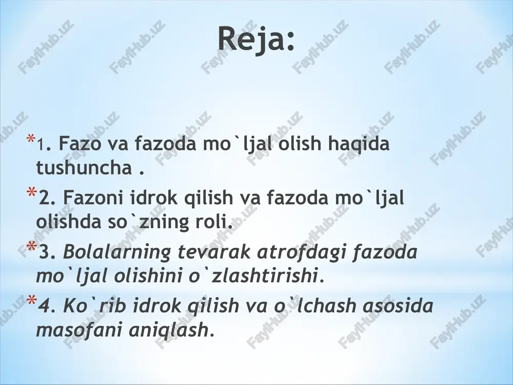 lish kabi qobiliyatlari ancha mustahkam bo`lishi kerak. aks holda, bu qobiliyatlari zaif odamlar orientirovkani yaxshi belgilay olmaydilar. tevarak atrofni chamalash harbir odamning o`ziga qulayligini tanlab olishiga bog`liq. "o`zining" yoki boshqa birovni, o`ng qo`l, chap qo`l, tushunchalari bilan, yoki predmetlarning shakliga qarab, joylashuviga qarab ham orientirovka qilish mumkin. maktabgacha tarbiya yoshidagi bolalar bilan tevarak atrofni kuzatishning ahamiyati. ba`zi maktabgacha tarbiya yoshidagi bolalar hali tevarak atrofni kuzatishni, uni orientirovka qilishni yaxshi o`zlashtira olmagan bo`lishlari ham mumkin bo`ladi. maktabgacha tarbiya yoshidagi bolalarni tevarak atrofni yaratishda ega bo`lgan barcha bilimlarini puxtalash, uni kuzatish, orientirovka qila olish malakalari hamda uni belgilay olishlari kabi ko`nikmalarini mustahkamlash va tevarak atrof haqida o`z fikrlarini to`la bildira oladigan terminlarning bolada yaxshi o`zlashtirilishini o`z vaqtida ta`minlab borish zarur. tevarak atrofni anglash psixofiziologik mexanizmga ham bog`liqdir, u inson ongidagi ko`rish,eshitish, so`zlash, eslab qolish, xotira kabi qobiliyatlar (analizatorlar) yordamida dinamik sistemadek saqlanib qoladi. ayniqsa bunda harakatlanuvchi analizatorlar va ichki his-tuyg`ularining roli ahamiyatlidir. …