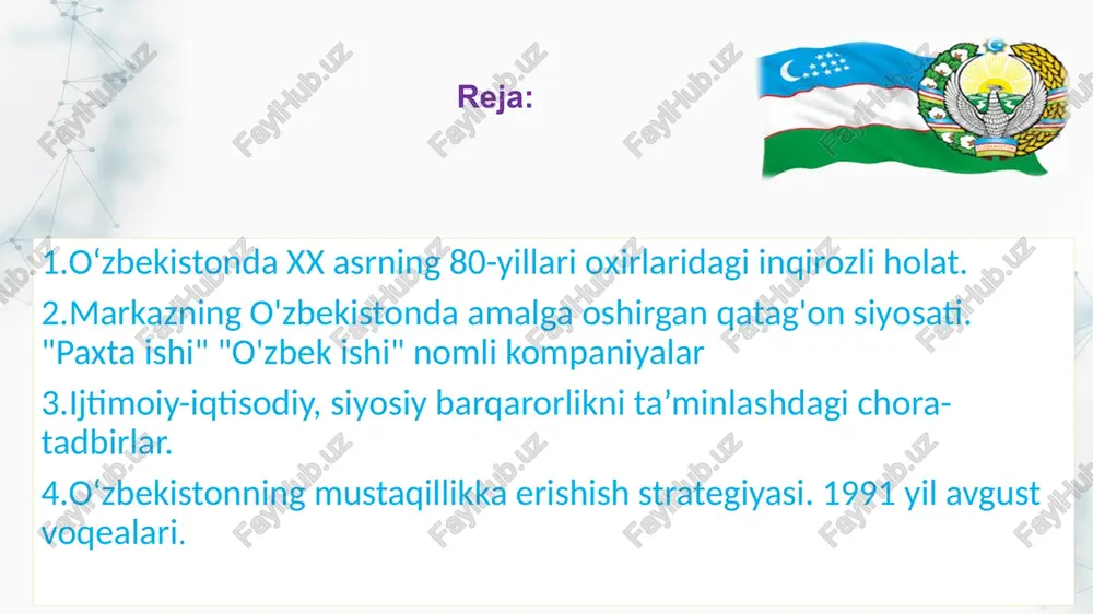 olib borildi 2 bu bosqichdagi vazifa – ilmiy texnika taraqqiyoti yutuqlarini ishlab chiqarishga jalb etish asosida jamiyatda tub iqtisodiy taraqqiyotni jadallashtirish va uning asnosida inson omilini faollashtirish edi 3 qayta qurishning dastlabki davrlarida asosiy e’tibor iqtisodiyotni rivojlantirishga qaratildi 4 1986 yildan mamlakat iqtisodiy ahvoli yomonlashdi, 1987 yil yanvaridan ishlab chiqarish sur'atlari keskin pasaydi. 1 - bosqich mag'lub bo'ldi qayta qurishning 2-bosqichi (1987-1990-yillar) 1 jamiyating barcha jabhalarini kompleks tarzda isloh qilishga harakatlar bo’ldi. asosiy maqsad sovet jamiyatini to'liq demokratlashtirish deb aytildi 2 80-yillar 2-yarmida iqtisodiy inqiroz boshlandi. markaz o'z ta'sirini kuchaytirish maqsadida o'zbekistonda "o'zbek ishi", "paxta ishi" kabi uydirmalarni o'ylab topdi 3 qayta qurish siyosati ham sssr davlatini muqarrar inqirozdan qutqarib qola olmadi. davlatda inqiroz boshlandi. ittifoqdosh respublikalarda milliy o'zlikni anglash va mustaqillik sari dadil qadamlar qo'yildi "paxta ishi" "o'zbek ishi" nomli kompaniyalar "paxta ishi" deb nomlangan qatag'onga milliy tus berilib, u "o'zbeklar ishi"ga aylantirildi va ziyolilar ham ta'qib ostiga olindi. …