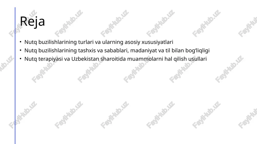ntirishda muhim rol o‘ynaydi, psixologik muammolar nutq buzilishlarining yuzaga kelishiga sabab bo‘lishi mumkin. 03 lingvistik ta’sirlar til va madaniyatdagi o‘zgarishlar, shuningdek, ikkinchi tillarni o‘rganish nutqdagi muammolarga olib kelishi mumkin, ayniqsa, uzbek tilida fonetik muvozanatsizliklar. 04 tibbiy muolajalar ta’siri nutq buzilishlariga qarshi davolashda logopedik terapiya, farmakologik vositalar va jarrohlik usullari qo‘llaniladi, individual holatga mos tarzda tanlanadi. nutq buzilishlarining madaniyat va til bilan bog‘liq xususiyatlari hamda ularni uzbek madaniyatida tushunish madaniyat va tilning roli madaniyat va til nutq buzilishlarining tushunilishida muhim omil hisoblanadi. ular orqali odatlarni, kommunikatsiya uslublarini va tilga bo‘lgan munosabatlarni o‘rganamiz. madaniyat va tilning nutqga ta’siri o‘zbek madaniyatida nutq buzilishlari madaniy xususiyatlar va til odatlari bilan bog‘liq bo‘lib, ularning sabablari va qabul qilish usullari farq qiladi. madaniyatni inobatga olish muhimligi nutq muolajasida madaniyat va tilni hisobga olish muhim, chunki ular shaxsning til bilan bog‘liq muammolarini aniqlash va davolashda samarali yondashuvlarni ta’minlaydi. nutq buzilishlarining tashxis jarayonlari va asosiy metodlari 1 tashxis …