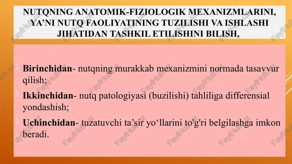 mlari faoliyati bilan bog‘liqdir. biroq bosh miya qobig’lning ayrim bo’lmlari nutqning hosil bo’lshida asosiy rol o'ynaydi. bular chap (chapaqaylarda o'ng) yarimsharning peshana, chakka va ensa qismlaridir. bosh miya qobig'ining bu qismlarida nutq faoliyatida faol ishtirok etuvchi: 1.nutq harakat analizatori. 2.nutq ko'ruv analizatori. 3.nutq eshituv analizatori joylashgan. 1— bosh miya; 2— burun bo‘shlig‘i; 3~ qattiq tanglay; 4—bo‘shlig‘i; 5—lablar; 6-tishlar; 7-til uchi; 8- til orqasi; 9~ til oldi; 10 - kichik tilcha; 11 - halqum; 12 — hiqildoq; 13 — trafeya; 14 — bronx; 15 — o‘ng o‘pka; 16 — diafragma; 17 — qizilo ‘ngach; 18 - umurtqa; 19 - orqa miya; 20 - yumshoq tanglay. nutq harakat analizatori bosh miya qobig'ining chap peshana qismida joylashgan bo’lb, broka markazi deb ataladi. bu qism og'zaki nutqning paydo bo’lishida qatnashadi. nutq eshituv analizatori bosh miya qobig'ining chap chakka qismida joylashgan bo'lib, vernike markazi deb ataladi. bu qismda begona nutqni qabul qilish jarayoni ro‘y beradi. …