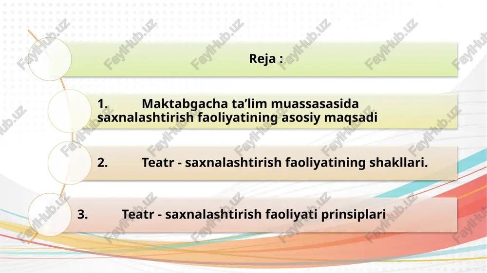 ‘g‘irchoqlari yordamida kichik sahnalar ko‘rsatiladi. bu shakl kichik yoshdagi bolalar uchun mos keladi. • qo‘g‘irchoq teatrlari: bolalar qo‘g‘irchoqlarni boshqarish orqali hikoyalarni jonlantiradilar. • soyalar teatri: maxsus yorug‘lik va qog‘oz shakllar yordamida soyalar orqali sahnalar namoyish etiladi. 2. rolli o‘yin teatrlari • rolli o‘yinlar: bolalar hikoya qahramonlari roliga kirib, ular kabi harakat qiladilar. • masxarabozlik o‘yinlari: kulgu va hazil asosida rolli o‘yinlar o‘tkaziladi. • hikoya asosida sahnalashtirish: mashhur ertaklar va hikoyalar asosida sahnalar qo‘yiladi. 3. musiqali teatrlashgan o‘yinlar • raqs va musiqalar bilan boyitilgan chiqishlar tayyorlanadi. • o‘ziga xos qo‘shiq va she’rlar ijro etiladi. 4. ovozli teatrlar • audio yozuvlar va jonli ovozlar asosida hikoyalar ifodalanadi. • ovozlarga taqlid qilish orqali bolalar hayvonlar va tabiiy tovushlarni jonlantiradilar. 5. harakatli teatrlashgan o‘yinlar • pantomima asosida tana harakati va imo-ishoralar bilan ifodalangan teatrlashtirilgan o‘yinlar o‘tkaziladi. • raqs va plastik harakatlar yordamida sahna jarayonlari ijro etiladi. teatr - saxnalashtirish faoliyati prinsiplari teatr-saxnalashtirish faoliyati quyidagi …