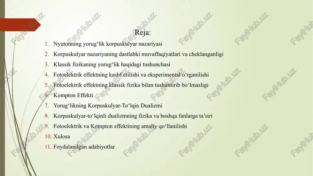 ronlarning metall yuzasidan chiqib ketishiga sabab bo‘ladi. e-fotonning energiyasi 𝐡ν= 𝐴+ 𝐡ν-yorug’lik foton energiyasi a-chiqish ishi kompton effekti - bu rentgen nurlanishi yoki gamma nurlanishi kabi yuqori energiyali elektromagnit nurlanish fotonlarining moddadagi erkin yoki yengil bog‘langan elektronlar bilan to‘qnashganda, ularning to‘lqin uzunligi va energiyasining o‘zgarishi hodisasidir. to‘qnashish natijasida nurlanishning to‘lqin uzunligi ortadi (chastotasi kamayadi) va uning tarqalish yo‘nalishi o‘zgaradi. k= k=elektronning kompton to’lqin uzunligi k=m nyutonning yorug‘lik korpuskulyar nazariyasi yorug‘likning tabiatini tushunishda muhim bosqich bo‘lgan. u yorug'likning to'g'ri chiziqda tarqalishi, qaytishi va sinishi kabi xususiyatlarini tushuntirishga harakat qildi, ammo yorug‘likning to‘lqin xususiyatlarini va boshqa bir qator hodisalarni tushuntirishga ojizlik qildi. zamonaviy fizika yorug‘likning korpuskulyar-to‘lqinli dualizmiga asoslanadi va yorug‘likni ham zarra, ham to‘lqin xususiyatlariga ega bo‘lgan ob’ekt sifatida qabul qiladi. korpuskulyar nazariya yorug‘likning dastlabki tushunchalari uchun muhim asos bo‘lgan bo‘lsada, yorug‘lik bilan bog‘liq ko‘plab hodisalarni to‘liq tushuntirishga ojizlik qildi. uning muvaffaqiyatlari oddiy hodisalarni tasvirlashda sezilsa, cheklanganligi yorug‘likning to‘lqin xususiyatlari bilan bog'‘liq …