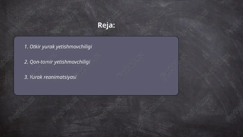 k siqishlari va 2 qattiq nafas berishni o'z ichiga oladi. ko'krak siqishlarining tezligi daqiqasiga taxminan 100-120 martaga mo'ljallangan, chuqurligi esa 5-6 sm bo'lishi kerak. kpr vaqtida avtomat tashqi defibrilator (aed) ishlatilishi yurak ritmini tiklashga yordam berishi mumkin. jarayon barkamol bajarilganda, bemorda omon qolish ehtimoli sezilarli darajada oshadi. kprni o'rganish har bir inson uchun foydalidir, chunki bu hayotni tejashga yordam beradi. ... t.me/slaydai_bot 4. intenziv terapiya usullari intensiv terapiya usullari bemorlarning hayotiy funktsiyalarini qo‘llab-quvvatlash va tiklashga qaratilgan tibbiy muolajalarni o‘z ichiga oladi. bu usullar nafas olishni qo‘llab-quvvatlovchi ventilatsiya, yurak-qon tomir tizimini qo‘llab-quvvatlaydigan dori-darmonlar, suyuqliklar va infuziyalarni o‘z ichiga olishi mumkin. gemodinamika monitoringi, qonni sun'iy tozalash (gemodializ), kislorod terapiyasi va yurak massaji kabi usullar ham intensiv terapiyada qo‘llaniladi. maqsad tana tizimlarining funksiyasini vaqtincha qo‘llab-quvvatlash bo‘lib, bu bemorlarni tiklanishiga yordam beradi. statistik ma’lumotlarga ko‘ra, intensiv terapiya bemorlarining tirik qolish darajasi kasallikning og‘irligiga qarab 50% va undan yuqori bo‘lishi mumkin. ... t.me/slaydai_bot kardio-pulmonar reanimatsiya …