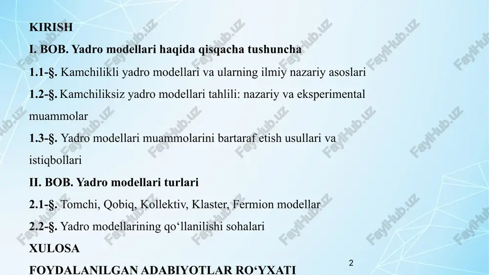 likli yadro modellari va ularning ilmiy nazariy asoslari kamchilikli yadro modellari (phenomenological models) yadro fizikasi sohasida yadro strukturasi va xossalarini o‘rganish uchun ishlab chiqilgan soddalashtirilgan nazariy usullardir. ushbu modellar matematik soddalashtirishlar asosida real fizik jarayonlarni o‘rganish imkonini beradi va atom yadrosi ichidagi nuklonlarning (proton va neytronlarning) o‘zaro ta’sirlarini tushuntirishga xizmat qiladi. kamchilikli yadro modellarining mohiyati. yadro fizikasi juda murakkab soha bo‘lib, undagi jarayonlarni to‘liq tushuntirish uchun kvant mexanikasi, yadroviy kuchlar va kvark modellariga asoslangan murakkab nazariyalar kerak bo‘ladi. kamchilikli modellar esa ushbu jarayonlarni soddalashtirish va qisman izohlash uchun ishlatiladi. ular bir qancha idealizatsiyalar va farazlarga asoslanadi, bu esa hisob-kitoblarni sodda va tez bajarishga yordam beradi. 5 kamchiliklar tahlili: nazariy va eksperimental muammolar kamchiliksiz yadro modellari – bu murakkab tizimlarning xavfsiz va samarali ishlashini ta'minlash uchun ishlab chiqilgan, optimallashtirilgan matematik va algoritmik modellar. ular texnik va nazariy jihatdan yuqori darajada mukammal bo‘lsa-da, amalda ularga doir bir qator nazariy va eksperimental muammolar …