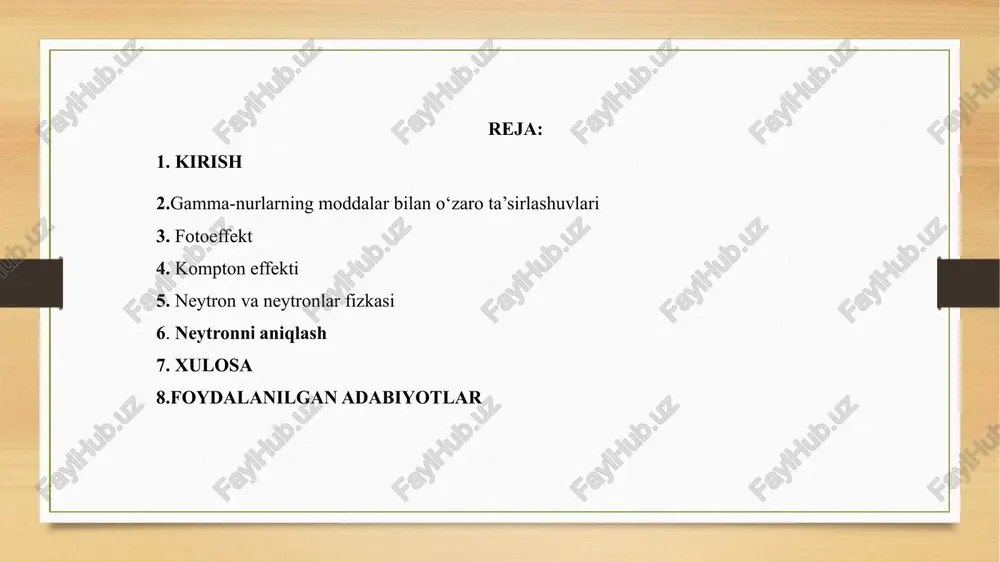 bu jarayonlarni tushunish yadroviy fizikada, tibbiyotda va boshqa sohalarda qo‘llaniladi. quyida ushbu jarayonlarni batafsil yoritib beraman: 1. gamma-nurlanishlarning modda bilan o‘zaro ta’siri gamma-nurlanish - bu yuqori energiyali elektromagnit to‘lqinlar bo‘lib, ularning modda bilan ta’siri uch asosiy mexanizm orqali amalga oshadi: a) fotoeffekt fotoeffekt - gamma-kvant atomning ichki qavatidagi elektron bilan o‘zaro ta’sirlashib, uni atomdan chiqarib yuborishi jarayoni. ushbu jarayon kichik energiyali gamma-nurlar uchun muhim: fotoeffektning 4 ta asosiy qonuni bor: muayyan fotokatodga tushayotgan yorug’likning spektral tarkibi o'zgarmas bo'lsa, fototokning to'yinish qiymati yorug’lik oqimiga to’g’ri proporsional. muayyan fotokatoddan ajralib chiqayotgan fotoelektronlar boshlang’ich tezliklarining maksimal qiymati yorug’lik intensivligiga bog’liq emas. yorug’likning to'lqin uzunligi o'zgarsa, fotoelektronlarning maksimal tezliklari ham o'zgaradi. har bir fotokatod uchun biror "qizil chegara" mavjud bo'lib, undan kattaroq to'lqin uzunlikli yorug’lik ta'sirida fotoeffekt vujudga kelmaydi. nning qiymati yorug’lik intensivligiga mutlaqo bog’liq emas, u faqat fotokatod materialining ximiyaviy tabiatiga va sirtining holatiga bog’liq. yorug’lik fotokatodga tushishi va fotoelektronlarning hosil bo'lishi orasida …
