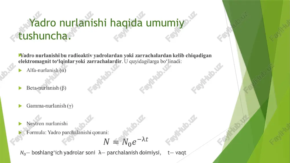 uzatadi, natijada nurlanish energiyasi kamayadi. formula: -gamma kvantlarining to’lqin uzunliklari - plank doimiysi electron massasi –sochilish burchagi 3. yadro yutilishi: neytronlar yadroga yutilib, yangi izotop yoki radioaktiv yadrolar hosil qiladi. formula: umumiy tushunchalar uchun grafik ionlanish, sochilish va absorbsiya intensivligi modda qalinligi () ga bog‘liq bo‘ladi: -so’nggi nurlanish intensivligi dastlabki intensivligi -moddaning yutilish koeffitsienti -modda qalinligi 3. alfa-nurlanishning ta’siri alfa-zarrachalar () modda bilan kuchli ionlanishni yuzaga keltiradi. ularning modda ichida harakati qisqa masofali bo‘ladi. ionlanish koeffitsienti: — zarrachalarning yo‘qotilgan energiyasi, — masofa. 4. beta-nurlanishning modda bilan o‘zaro ta’siri beta-zarrachalar ( va) kam ionlanadi va modda ichida uzoq masofaga harakatlanadi. energiya yo‘qotish formulasi: 5. gamma-nurlanishning absorbsiya qonuni gamma-nurlanish modda bilan o‘zaro ta’sir qilganda fotonlar yutilishi sodir bo‘ladi. absorbsiya qonuni: — dastlabki intensivlik, — yutilish koeffitsienti, — modda qatlami qalinligi. 6. neytron nurlanishning ta’siri neytronlar yadro bilan to‘qnashib, elastik yoki noelastik sochilishga olib keladi. sochilish tahlili: — umumiy kesim, — sochilish kesimi, …