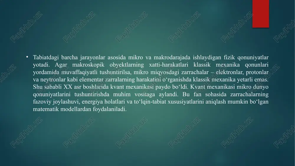 li zarrachalarning kvant holatlarini tahlil qilish uchun ideal asosiy muhit hisoblanadi. modelni tasavvur qilish uchun uni uchta asosiy qismga ajratish mumkin: potensial chuqurlikning chegaralari: to‘g‘ri burchakli potensial chuqurlik modelida potensial energiya ma'lum bir sohada nol yoki biror doimiy qiymatga teng bo‘ladi, undan tashqarida esa potensial cheksiz yoki juda katta qiymatga ega bo‘ladi. bu cheklovlar zarrachalarning faqat ma'lum bir sohada harakatlanishini ta'minlaydi. zarrachalar harakati: modelda zarracha potensial chuqurlik ichida ma'lum energiyaga ega bo‘ladi. kvant nuqtalar va nanozarracha tizimlari: to‘g‘ri burchakli potensial chuqurlik modeli kvant nuqtalar kabi nanozarracha tizimlar uchun nazariy asos bo‘lib xizmat qiladi. bu tizimlarda zarrachalar juda kichik fazoda cheklangan va ularning kvant holatlari muhim rol o‘ynaydi. yarimo‘tkazgichlar fizikasi: yarimo‘tkazgich materiallarda elektronlarning harakatini tushunishda potensial chuqurlik modeli qo‘llaniladi. masalan, diodlar va tranzistorlar ish printsipi shu modelga asoslangan. lazerlar va optik tizimlar: lazerlar ishida kvant holatlarning kvantlanishi va zarrachalarning optik xususiyatlari muhimdir. to‘g‘ri burchakli potensial chuqurlik modeli bu jarayonlarni tushunishda yordam …