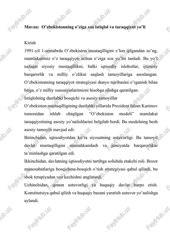 malga oshirdi. bu yondashuv iqtisodiyotning keskin inqirozga tushishining oldini oldi. qishloq xo’jaligida yer islohotlari amalga oshirildi, fermerlarga yer uchastkalarini uzoq muddatli ijaraga berish tizimi joriy etildi. sanoatda esa import o’rnini bosuvchi va eksportga yo’naltirilgan ishlab chiqarish rivojlantirildi. o’zbekiston avtomobil sanoati, to’qimachilik, oziq-ovqat sanoati va energetika sohalarida muhim yutuqlarga erishdi. 2016-yildan boshlab, yangi prezident shavkat mirziyoyev rahbarligida keng ko’lamli iqtisodiy liberallashtirish jarayoni boshlandi. valyuta bozorini erkinlashtirish, tadbirkorlik muhitini yaxshilash, xususiy sektorni qo’llab-quvvatlash, xorijiy investitsiyalarni jalb qilish bo’yicha muhim qadamlar tashlandi. ushbu islohotlar o’zbekiston iqtisodiyotini yanada ochiq va raqobatbardosh qilishga xizmat qilmoqda. ijtimoiy siyosat va inson huquqlari o’zbekiston ijtimoiy barqarorlikni saqlashga alohida e’tibor qaratdi. ta’lim va sog’liqni saqlash tizimlari davlat tomonidan qo’llab-quvvatlandi, bepul umumiy ta’lim va asosiy tibbiy xizmatlar taqdim etildi. pensiyalar va ijtimoiy nafaqalar tizimi ishlab chiqildi. so’nggi yillarda fuqarolik jamiyatini rivojlantirish, inson huquqlarini himoya qilish, ommaviy axborot vositalarining erkinligini kengaytirish bo’yicha muhim o’zgarishlar amalga oshirilmoqda. majburiy mehnat tizimi bekor qilindi, …