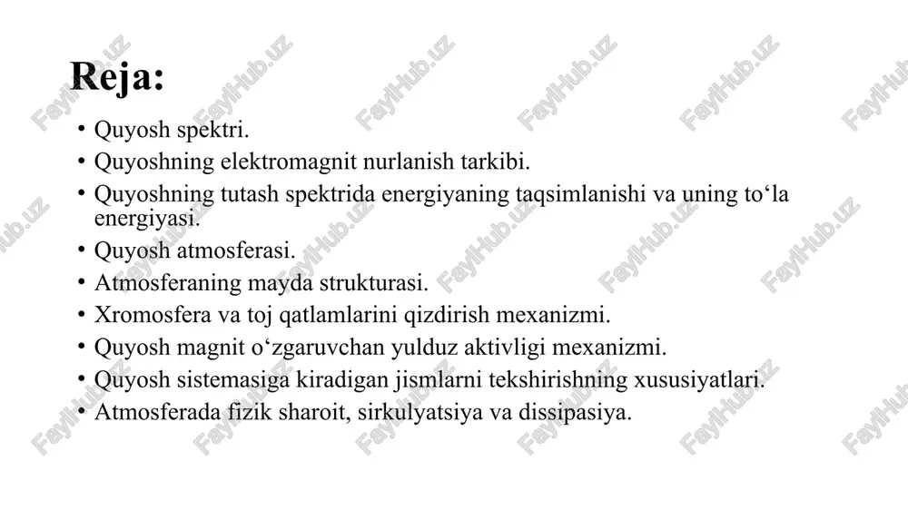 ularning markaziy qismida gaz oqimining ko‘tarilishi kuzatilgan. yacheykalarning kattaligi 200 km dan 2000 km gacha, ba’zan undan kattaroq ham bo‘ladi. quyosh mash’allari quyosh fotosferada mash’allar kuzatilib, ular ravshanligi jihatdan ajralib turadigan zanjirsimon obyektlardir. spektral taxlil, mash’allarning ravshanligi fotosferanikidan 10-20 % ga ortiq ekanligini ko‘rsatadi. mash’allarni faqat quyosh ko‘rinma diskining chekkalari yaqinidagina kuzatish mumkin, disk markazi atrofida esa ular deyarli ko‘rinmaydi. buning sababi, quyosh diski markazida nurlanish, uning chuqurroq oblastlaridan chiqayotganligi tufayli chetlariga nisbatan kuchliligidadir. mash’allar magnit maydonga ega bo‘lib, maydon kuchlanganligi 50-100 erstedni tashkil qiladi. quyosh dog‘lari granulalar orasida kichik nuqta shaklida quyosh dog‘lari paydo bo‘ladi. dog‘ning bunday paydo bo‘lishi pora deb yuritiladi. poralar - asosan mash’alli sohada joylashgan granulalar orasida vujudga keladi. quyosh dog‘i ikki qismdan iborat bo‘lib, uning markaziy timqora qismi yadro yoki soya deyiladi. yadroni o‘rovchi qismi esa yarim soya deb yuritiladi. dog‘larda juda kuchli magnit maydoni mavjud bo‘lib, maydon kuchlanganligi ayrim dog‘larda 4000-4500 erstedgacha etadi. quyosh …