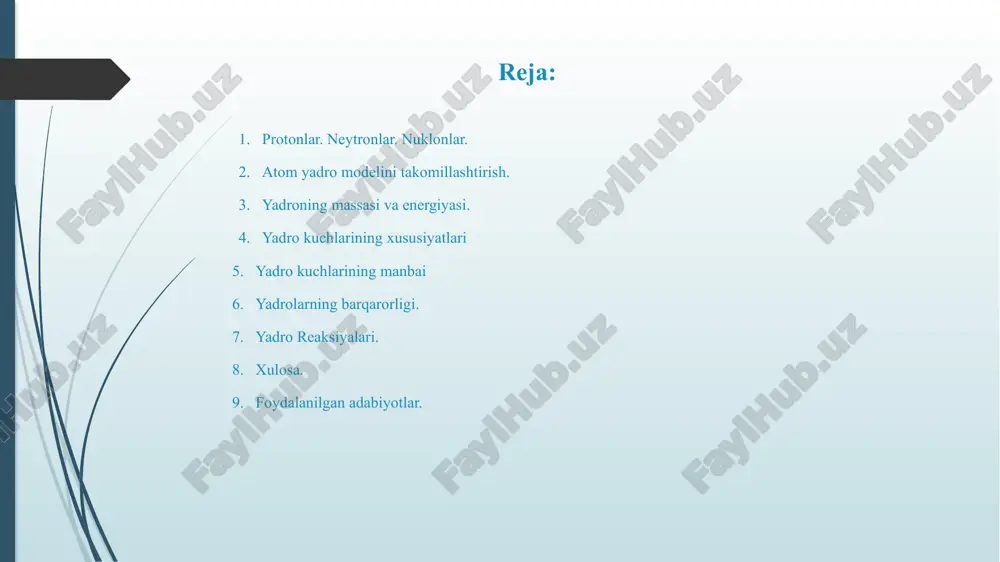 gar parchalanishda yadro zaryadi kamaysa chap tomonidan chiziladi. spektrometrik o‘lchashlar yadro massasi m(az) ni uni tashkil qilgan nuklonlar massasi yig‘indisidan bir oz kichik ekanligini ko‘rsatadi. bu massalarning farqi massa defekti deb yuritiladi. massa defekti nuklonlarning yadrodagi "zichlanishini" xarakterlaydi. bu yerda va - proton va neytronlaming massasi. massa defekti nuklonlami jipslashtirib, yadro hosil qilish natijasida ajralib chiqqan e bog‘lanish energiyasining kattaligini aniqlaydi. yadro fizikasida bog‘lanish energiyasi bilan bir qatorda solishtirma bog‘lanish energiyasi dan foydalanadilar. yadrodagi bitta nuklonga mos kelgan bog‘lanish energiyasiga son jihatidan teng kattalik solishtirma bog‘lanish energiyasi deb yuritiladi. tajribalar ko‘rsatishicha, solishtirma bog‘lanish energiyasi atom og‘irligiga bog‘liq, bu bog‘lanishda tasvirlangan: yadro kuchlari tabiatdagi eng kuchli o‘zaro ta’sirlashuvlardan biridir. ular elektromagnit kuchlardan va gravitatsion kuchlardan ancha kuchliroq. bu kuchlarning kuchi yadrodagi protonlar va neytronlarni bir-biriga mahkam bog‘lab turadi va yadroning barqarorligini ta’minlaydi. yadro kuchlari faqat juda kichik masofalarda, ya’ni taxminan 1-2 femtometr (1 fm = 10⁻¹⁵ metr) atrofida ta’sir qiladi. nuklonlar …