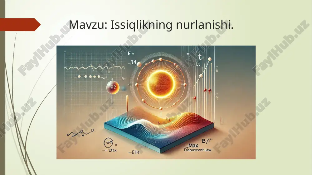 san infraqizil diapazonda bo‘ladi. nurlanishning asosiy qonunlari 1. stefan-boltsman qonuni: jismning yuzasidan chiqayotgan nurlanish energiyasi jismning harorati to‘rtinchi darajasi bilan proporsional: 2. vinnning siljish qonuni: maksimal nurlanish to‘lqin uzunligi va jism harorati orasidagi bog‘liqlikni ifodalaydi: hayotimizda issiqlik nurlanishi quyosh energiyasi: yerga yetib keladigan barcha issiqlik nurlanish shaklida tarqaladi. bu energiya hayot uchun muhimdir. issiqlik kamerasi (termal kamera): jismlarning infraqizil nurlanishini qayd etib, ular haroratini aniqlaydi. kunlik hayot: issiqlik nurlanishidan avtomobil radiatori, issiqxonalar va hatto mikroto‘lqinli pechlarda foydalaniladi. qiziqarli faktlar 1. yulduzlarning harorati: yulduzlarning harorati ularning nurlanish spektriga qarab aniqlanadi. masalan, quyoshning yuzasi harorati taxminan 5500°c. 2. vakuumda issiqlik uzatish: o‘rta asr olimlari vakumda issiqlik tarqalmaydi deb o‘ylagan, lekin nurlanish bu fikrni rad etdi. 3. zamonaviy texnologiya: sun’iy yo‘ldoshlar issiqlik nurlanishidan foydalanib kosmosni o‘rganadi. image1.jpg image2.jpg image3.jpg image4.jpg /docprops/thumbnail.jpeg
