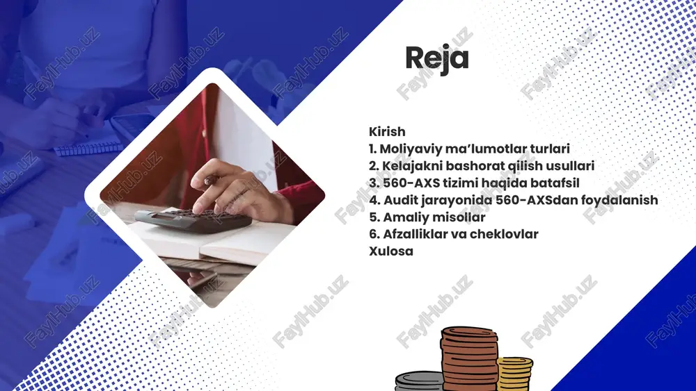 day daromadlar kutilmoqda, qanday xarajatlar yuzaga kelishi mumkin — bu savollar strategik rejalashtirishda muhim ahamiyatga ega. balans esa tashkilotning moliyaviy holatini bir vaqtning o‘zida ko‘rsatadi: unda aktivlar, majburiyatlar va kapitalning o‘zaro nisbatlari tahlil qilinadi. bu nisbatlar kelajakdagi moliyaviy barqarorlikni baholashda auditorlar uchun asosiy mezon bo‘lib xizmat qiladi. pul oqimi (cash flow) esa tashkilotning real pul harakatlarini aks ettiradi. bu ko‘rsatkich orqali auditorlar tashkilotning likvidligi, ya’ni o‘z vaqtida to‘lovlarni amalga oshirish qobiliyatini baholaydilar. kelgusi davrda pul oqimining qanday bo‘lishi — bu tashkilotning moliyaviy sog‘lomligini belgilovchi muhim omildir. shuningdek, aktivlar va majburiyatlar tarkibi, ularning o‘zgarish dinamikasi ham auditorlar uchun kelajakni tahlil qilishda muhim manba hisoblanadi. zamonaviy auditda bu ma’lumotlar 560-axs kabi axborot tizimlari orqali avtomatik tarzda yig‘iladi, saqlanadi va tahlil qilinadi. bu esa auditorlarga real vaqtli ma’lumotlar asosida xulosa chiqarish, xatoliklarni aniqlash va prognozlar tuzish imkonini beradi. moliyaviy ma’lumotlarning to‘g‘ri va to‘liq bo‘lishi auditning sifatini belgilaydi, kelajakdagi moliyaviy xavflarni oldindan ko‘rish va …