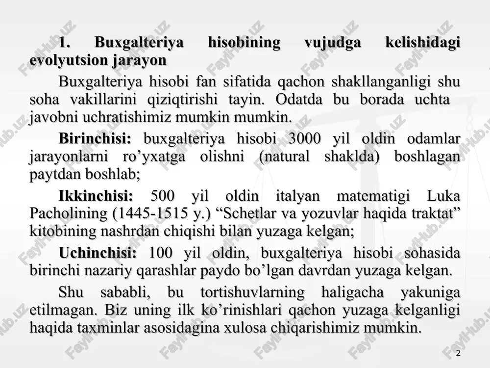 i. (ushbu davr 1300-1850 yillarni qamrab oladi.) bu davrda xo’jalik jarayonlarining ommalashuvi, murakkablashuviga mos ravishda oddiy yozuvdan ikki yoqlama yozuvga o’tish zaruriyatining yuzaga kelishi bilan xarakterlanadi. hisob yozuvlariga katta urg’u berilganligi ham ushbu davrga xos. bu davrda buxgalteriya hisobida dastlabki schyotlar rejasi ishlatila boshlandi. 4-davr. nazariy-amaliy davr (ushbu davr 1850-1900 yillar oralig’ini egallaydi). bu davrga kelib xo’jalik jaryonlariga xuquqiy maqom shakllandi. natijada jaryonga ham iqtisodiy jihatdan, ham xuquqiy jihatdan yondashuvlar belgilandi. schyotlar rejasining differentsiyasi boshlandi, shakllariga ahamiyat qaratildi, balans, foyda, tannarx, ishlab chiqarish va muomala xarajatlari tushunchalari shakllandi. buxgalteriya hisobi butun reallikni baholashni qamrab oldi. 5-davr. ilmiy davr. (ushbu davr 1900 – 1950 yillarni o’z ichiga oladi). bu davrda asosiy e’tibor mahsulot ishlab chiqarish xarajatlariga va mahsulot tannarxini to’g’ri aniqlash, xarajatlarning jadalligi bilan ajralib turadi. kalkulyatsiyalash tartibi ham ushbu davrga xos. mahsulotning ishlab chiqarish va to’liq tannarxini aniqlash, smeta qiymati tushunchasi, direkt kost, standart kost usullari, to’g’ri va egri xarajatlar …