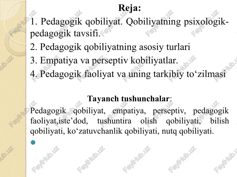 biliyatlar bilim, malaka, va ko‘nikmalarini egallashda namoyon bo‘lsa ham ular bilim, ko‘nikmalarga taalluqli bo‘lmaydilar. qobiliyatlar taraqqiyotining yuksak bosqichiga iste’dod deb ataladi. iste’dod deb odamga qandaydir murakkab mehnat faoliyatini muvaffaqiyatli mustaqil va orginal tarzda bajarish imkonini beradigan qobiliyatlar uyushmasiga aytiladi. iste’dod mahoratning dastlabki sharti bo‘lib, lekin mahoratning o‘zidan ancha o‘zoqdir. mohir usta bo‘lmoq uchun juda ko‘p ishlash kerak. iste’dod mehnatdan ozod qilmaydi, balki katta, ijodiy va zur mehnatni taqozo qiladi. iste’dodli kishilar shubhasiz mehnat orqali olamga mashhur bo‘lgan mahorat darajasiga erishganlar. haqiqiy mahorat inson iste’dodining faoliyatida nomayon bo‘lishidir. 2. pedagogik qobiliyatning asosiy turlari. 1. bilish qobiliyati - fanning tegishli sohalariga oid qobiliyatdir. bunday qobiliyatga ega bo‘lgan o‘qituvchi fanni o‘quv kursi hajmidagina emas, balki ancha keng chuqurroq biladi, o‘z fani sohasidagi kashfiyotlarni hamisha ko‘zatib boradi. 2. tushuntira olish qobiliyati - o‘qituvchining o‘quv materialini o‘quvchilarga tushunarli qilib bayon etishi, material yoki muammoni ularga aniq va tushunarli qilib aytib berish, o‘quvchilarda mustaqil ravishda faol …