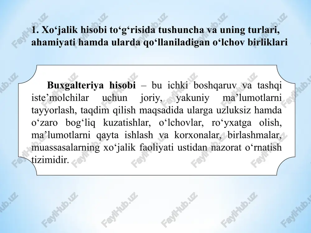hisob. bu hisob jamiyatimizda yuz berayotgan ommaviy, ijtimoiy–iqtisodiy, siyosiy hodisalarni o‘rganish va nazorat qilish, ular to‘g‘risidagi ma’lumotlarni yig‘ish hamda qayta ishlash tizimidan iborat. xo‘jalik hisobining bu turi butun davlat iqtisodiyotini va uning tarmoqlarining rivojlanish jarayonini o‘rganishga yo‘naltirilgan. uning ob’ekti alohida korxona, tashkilot, butun bir iqtisodiyot yoki uning biror tarmog‘i bo‘lishi mumkin. buxgalteriya hisobi – har qandaymulkchilik shaklidagi korxona xo‘jalik faoliyatini yalpi, uzluksiz kuzatish va nazorat qilish, sodir bo‘lgan voqea–hodisalarni hisob registrlarida qayd qilish, ularga ishlov berish hamda hujjatlarga asoslangan holda moliyaviy hisobot ko‘rinishida axborotlarni foydalanuvchichilarga taqdim qilish tizimidir. hisobning har bir turi bir xil xo‘jalik operatsiyasini turli vaziyatlarda ko‘rib chiqadi, bu esa ayrim bosqichlarda uning foydalanuvchilarini qiziqtiradigan axborot oqimlarining kesishishini istisno qilmaydi. bunga erishish hisobning barcha turlariga hos bo‘lgan muhim xususiyat, ya’ni bir xil o‘lchovlardan: natura, mehnat va pul o‘lchovlaridan foydalanish tufayli mumkin bo‘ladi. mehnat vositalari - insonning yaratayotgan buyumlariga o‘z ta’sirini o‘tkazuvchi vositalar hisoblanadi. mehnat vositalari tarkibda ishlab chiqarish …