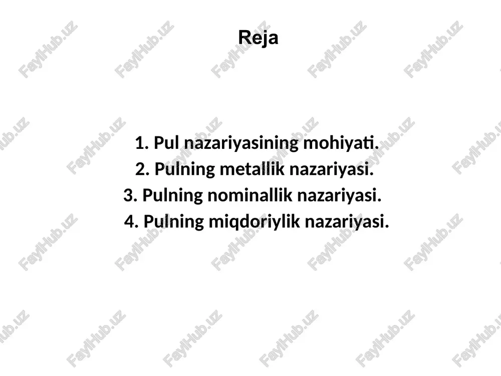 lishgan. ular vaqti kelib metall pullar o’rnini qog’oz pullar egallashini tushunib yetishmaydi. pulning metallik nazariyasi kapitalning dastlabki davrida taraqqiy etdi. bu nazariya o’sha davr kapitalizmining eng rivojlangan davlati angliyada maydonga keldi. metallik nazariyaning asoschilaridan biri u.stefford (1554-1612y.) edi. u o’z qarashlarini o’zining londonda 1581-yilda chop etilgan «vatandoshlarimizning ba’zi odatiy arizalarining qisqartmasi» asarida bayon etdi. bu oqim tarafdorlari angliyada t.men (1571-1641y.), d.nors (1641-1691y.), fransiyada bu ta’limotni a.monkreten (1575-1621y.), italiyada f.tamani (1728-1787y.) va boshqalar rivojlantirdi. birinchi jahon urushidan so’ng metallizm tarafdorlari oltin moneta standartni qayta tiklash mumkin emasligini tan olib o’z nazariyalarini himoya qilish maqsadida oltin quyma standart va oltin deviz standartga asoslangan banknota ishlab chiqarishini yoqlab chiqdilar. 1. oltin tanga standarti. 2. oltin quyma standarti. 3. oltin deviz standarti. oltin standartlari 1. oltin tanga standarti. oltin standarti birinchi marta 18-asrda angliyada va 19-asrning oxirlarida boshqa mamlakatlarda joriy etildi. bu standart oltin monometalizmi deb ham ataldi. oltin tanga standarti oltin standartining ilk …