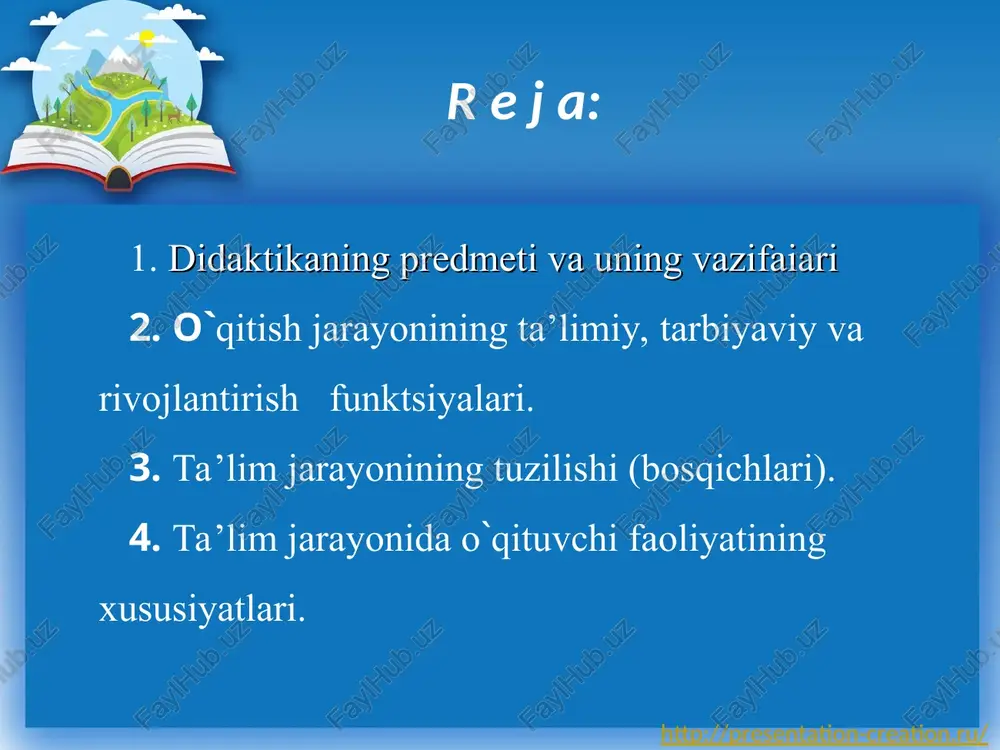 gidan boshlasin, so’zining ustidan chiqsin, yomon ishlardan saqlanadigan bo’lsin, xiyonat, makr va hiylalardan uzoq bo’lsin, diyonatli bo’lsin, ilm va ahli ilmdan mol-dunyosini ayamasin. inson yaxshi tarbiya ko’rmagan va turmushda yaxshi tajriba orttirmagan bo’lsa, u ko’p narsalarni nazarga ilmay va ulardan jirkanadi. bunday narsalar unga noo’rin bo’lib ko’ringan narsalar zaruriy bo’lib chiqadi. http://presentation-creation.ru/ http://presentation-creation.ru/ http://presentation-creation.ru/ didaktikaning asosiy kategoriyalari didaktikaning asosiy kategoriyalari va didaktik tushunchalar tizimi. muayyan fanga xos bo‘lgan tushunchalarda insoniyat tomonidan ijtimoiy taraqqiyot jarayonida to‘plangan bilimlar aks etadi. mavjud ilmiy tushunchalar ikki asosiy guruhga ajratiladi: 1.falsafiy tushunchalar; 2.xususiy ilmiy, ya’ni, muayyan fangagina xos bo‘lgan tushunchalar. didaktika uchun “umumiy va alohida”, “mohiyati va hodisa”, “qarama-qarshilik”, “bog‘liqlik” kabi falsafiy tushunchalar ham muhim ahamiyatga ega. didaktikada qo‘llaniladigan umumiyilmiy tushunchalar orasida “tizim”, “tuzilma”, “vazifa”, “element” kabilar alohida o‘rin tutadi. pedagogikaga xos didaktik tushunchalar sirasiga quyidagilar kiradi: 1) ta’lim - o‘quvchilarga nazariy bilimlarni berish asosida ularda amaliy ko‘nikma va malakalarni shakllantirish, ulaming bilish qobiliyatlarini o‘stirish …