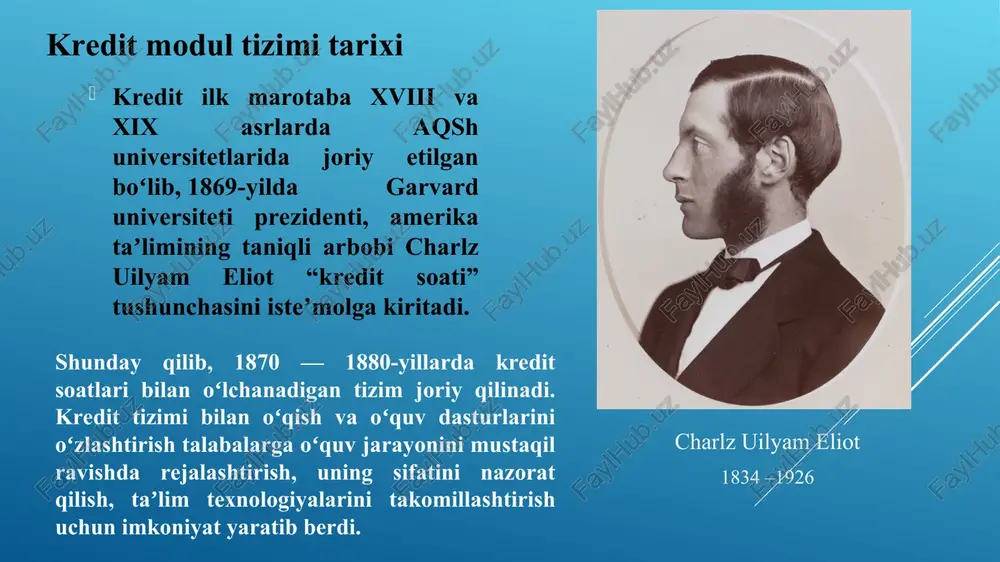 dasturlarini ishlab chiqishi 1 akademik mobillik talaba va professor-o’qituvchilar o’tuvchanligi 2 talabaga yo’naltirilgan ta’limni tashkil etish fanlarni, professor-o’qituvchilarni tanlashi 3 ta’limda shaffoflikka erishish sillabus orqali fan va o’qituvchilar bilan tanishish 5 ta’lim biznesining rivojlanishi talaba oqimining kuchayishi qayta o’tish mavjudligi 6 ishga bo’lgan motivatsiyaning majburiy kuchayishi fanning va professor-o’qituvchining tanlanishi kredt-modul tizimiga (ects) o’tishning asosiy ustuvorliklari bitiruvchini kasbiy faoliyatini boshlashi. diplom mutaxassisligi bo’yicha ish beruvchiga murojaat qilish huquqi ilova ish beruvchining tanlash imkoniyati 240 kredit – 4 yil bakalavr 180 kredit – 3 yil bakalavr 120 – kredit 2 yil magistratura a+ 100 a -90 b+ 85 b -80 c+75 c -70 d+65 d-60 f-59 bakalavr kunduzgi – 4 yil kechki – 4,5 yil sirtqi – 5 yil bakalavr 3 yil kunduzgi – 3 yil magistratura 2 yil kunduzgi – 3 yil sirtqi 5 yillik kreditlar fanlarga beriladigan soatlardan kelib chiqib aniqlanadi. masalan: pedagogika nazariyasi va tarixi 360 soat – …