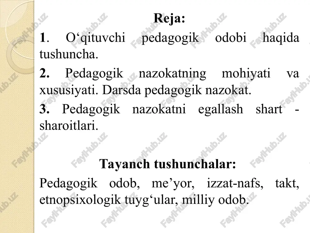 xususiyati, xulq, faoliyat, muomala qoidalari, qonuniyatlari va ko‘nikmalaridan me’yoriy ravishda maqsadga muvofiq tarzda foydalanishda o‘z aksini topadi: emotsional his-tuyg‘ular, kechinmalar, stress va affektiv holatlar xossalari, chegaralariga batamom rioya qilish; xulq-atvor malakalarini amaliyotda oqilona qo‘llash; bachkana qiliqlar, ortiqcha harakatlar qilishdan o‘zini tiyish; nutq madaniyatidan tashqari chiqmaslik, shaxsiyatga tegadigan iboralar ishlatmaslik, qo‘pol va dag‘al so‘zlar qo‘llamaslik; hissiy, aqliy bilish jarayonida muayyyan me’yorlarga asoslanish, manmanlikni namoyish etmaslik; o‘quvchilar va o‘kituvchilar jamoalari bilan, ota-onalar hamda notanish kishilar bilan munosabatga kirishishda rasmiy, qat’iy ishbilarmonlik uslublariga asoslanish va hokazo. 2. pedagogik nazokatning mohiyati va xususiyati. darsda pedagogik nazokat. pedagogik nazokat o‘qituvchiga muloqotni ijobiy hissiyotlar asosida qurishga, bolalar bilan psixologik kontaktni saqlashga yordam beradi. o‘qituvchi pedagogik nazokat talablariga amal qilib o‘zida muloqotning demokratik uslubini shakllantiradi, o‘quvchilar bilan haqiqiy muloqot madaniyatiga erishadi. pedagogik nazokat o‘qituvchiga bolalar bilan muloqotda konflikt (qarama - qarshilik)dan qochishga, o‘zaro munosabatni to‘g‘ri kurishga yordam beradi. takt so‘zi ta’sir etish ma’nosini bildiradi. bu kishilar o‘zaro …