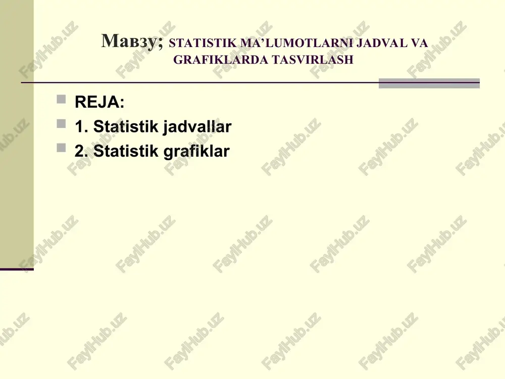aqsadi - hodisalar (to’plam) ning har bir qismlari nisbati sifatida tavsiflanadigan statistik to’plamning tarkibini grafikda ifodalashdan iborat. 2. statistik grafiklar hodisalar vaqt bo’yicha o’zgarishini tasvirlash uchun dinamika diagrammalari tuziladi. dinamika qatorlaridagi hodisalarni tasvirlash uchun ustunli, lentali, kvadrat, doiraviy, chiziqli, radial va boshqa diagrammalardan foydalanilishi mumkin. chiziqli grafiklarni tuzish uchun to’g’ri chiziqli koordinatalar tizimi qo’llaniladi. odatda, abtsissalar o’qi bo’yicha vaqt (yillar, oylar va boshqalar), ordinatalar o’qi bo’yicha esa – tasvirlanayotgan hodisalar yoki jarayonlar miqdoriy ko’rsatkichlari joylashtiriladi. 2. statistik grafiklar grafiklar orqali variatsion qatorlar darajalari ham tasvirlanishi mumkin. ular asosan chiziqli diagrammalar orqali tasvirlanadi. variatsion qatorlarni tasvirlovchi grafiklarning gistogramma, poligon, kumulyata va ogiva deb ataluvchi turlari mavjud. ular to’g’ri chiziqli koordinatalar tizimida ifodalanadi. gistogramma – bu intervalli variatsion qatorlarni tasvirlash uchun xizmat qiladi. bunda intervalli belgi o’lchovlari koordinata tizimi abstsissasida, intervalli belgining mos chastotalari (soni, vazni, salmog’i va h.k.) esa ordinata o’qida ma’lum masshtabda shkalalarda belgilanadi. 2. statistik grafiklar poligon – diskret …