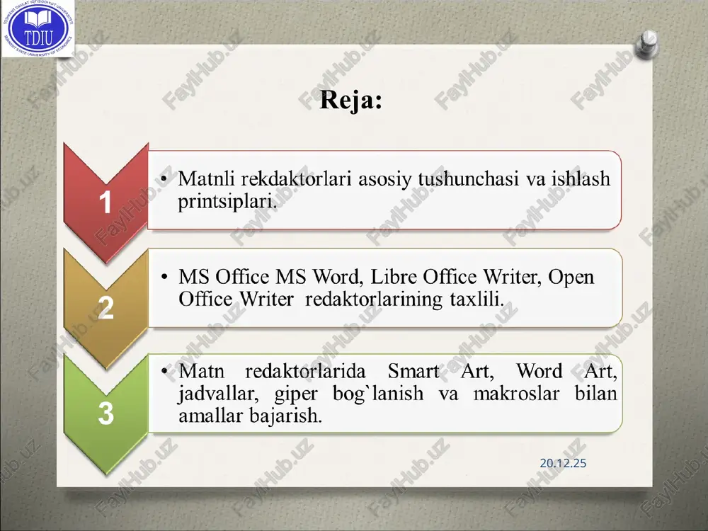 cha o’zgartirishlarni bajaramiz. biror matnni qidirish, o’zgartirish, nusxa olish saqlash vazifalarini bajarishimiz mumkin. * shrift qalinligi, kursivligi, tagiga chizilganligi, ustiga chiziq, indeksga va kvadratiga yozish, shriftga rang va fon berish, xarflarlarni kattalashtirish va kichiklashtirish * * * bufer almashishdan foydalanish * * so`rovnomani ishga tushirish so’rov-noma belgisi * * klaviatura yordamida fayl bo`yicha harakatlanish * vstavka - menyusi ushbu menyu orqali hujjatga jadval, rasm geometrik figura, smartart, diagramma, giperssilka, kolontitul, wordart, formula, klaviaturada yo’q simvol, sahifalarga raqam va boshqa ko’plab vazifalarni bajarishimiz mumkin. * tablitsa yordamida jadval qo’yish geometrik figura qoyish diagramma hosil qilish * giperssilka yordamida bog’lanish nadpis yordamida matnlar kiritish * sahifaga raqam qo’yish wordart orqali yozuvlar stilini tanlash * simvoldan foydalanish * kolontituldan foydalanish. * asboblar panelidan ushbu piktogrammani bosishimiz bilan matematik formulalardan foydalanish oynasi ishga tushadi - tayyor formulalar shabloni. * * razmetka stranitsi menyusi ushbu menyudan sahifani chetkka o’lchamlari, sahifa foni, shrift orasidagi interval, kolonka, …
