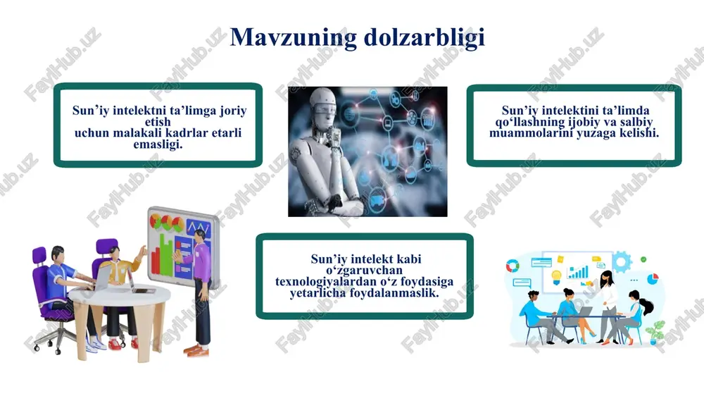 intelekt vositalaridan samarali foydalanishni samarali tashkil etish. * v a z i f a dars jarayonlarini rejalashtirishda sun’iy intellekt vositalaridan samarali foydalanishni o‘rganish sun’iy intelektni faqat o‘qish va o‘rganish maqsadida foydalanish. si taqdim etgan ma’lumotlarni tanqidiy tahlil qilish va mustaqil fikrlash ko‘nikmalarini rivojlantirish chatgpt haqida claude * sun’iy intellekt vositalaridan samarali foydalanish muammo yuzasidan xorijiy tajribalarni o‘rganilganligi qiyosiy tahlil etilganligi t/r amaldagi holat (o‘zbekistonda) amaldagi holat (germaniya, aqsh, qozog‘iston) takliflar 1. umumiy o‘rta ta’lim maktab o‘qituvchilar uchun sun’iy intelekt bo‘yicha treninglari mavjud. treninglar ko‘pincha nazariyaga asoslangan. taʼlim muassasalari va ilmiy tashkilotlar bilan bigalikda kadrlar tayyorlash, virtual darslar o‘tkazish va interaktiv texnologiyalarni qo‘llashni amalga oshiradi. (germaniya) o‘qituvchilar uchun sun’iy intelekt bo‘yicha kadrlar tayyorlash va muntazam amaliyotga asoslangan o‘quv-seminarlar va treninglar tashkil etish. 2. o‘qituvchilar si imkoniyatlaridan keng foydalanmaydi. si yordamida ta'lim jarayonlari natijaga erishish usullari ustida ishlamasligi va innovatsiyalarni qabul qilishining qiyinligi. ta'limda si yordamida taʼlim jarayonlari individuallashtirilgan, interaktiv va samarali …