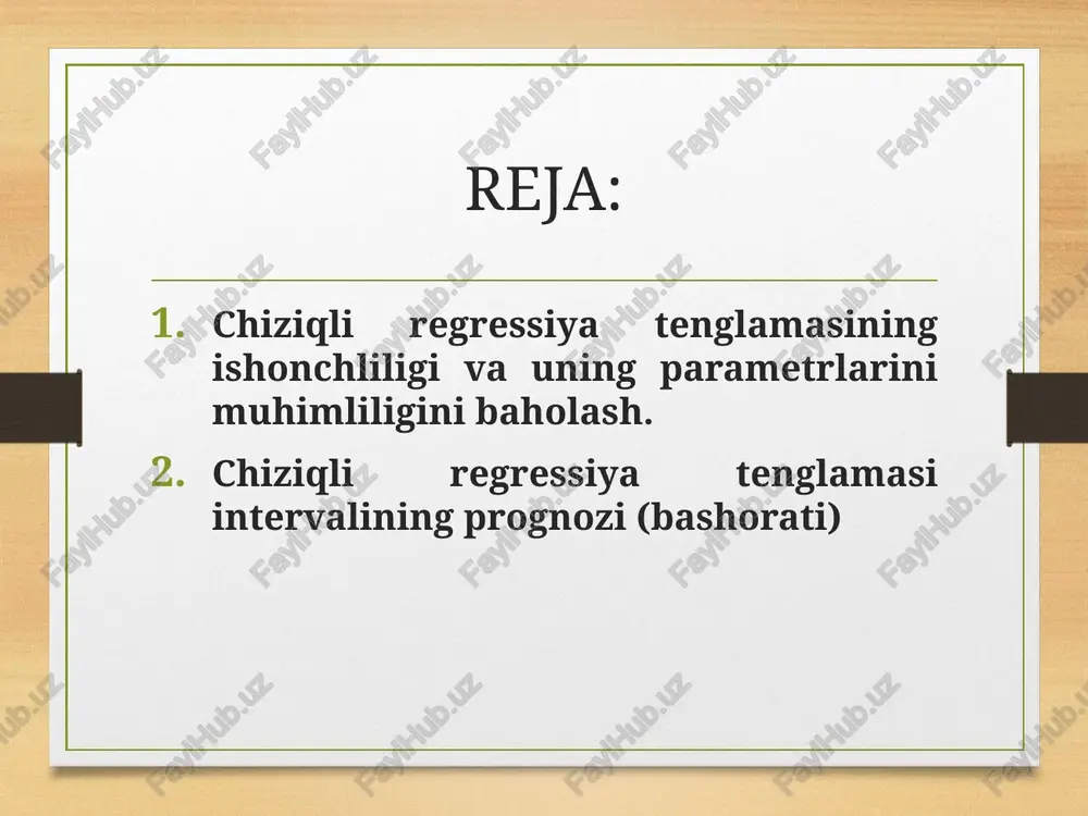 nglamasi statistik ma’nodor hisoblanadi. regressiya tenglamasini qurishdagi xatoliklarga tenglamadagi “a” va “b” parametrlarni hamda - korrelyatsiya koeffitsentini hisoblashdagi tasodifiy xatoliklar ham ta’sir etadi. shuning uchun “a” va “b” parametrlarni hisoblashdagi standart xatoliklar lar aniqlaniladi. 2.chiziqli regressiya tenglamasi intervalining prognozi (bashorati) regressiya koeffitsientining tasodifiy xatoligi quyidagi formula bilan aniqlaniladi: x regressiya tenglamasining parametri tasodifiy xatoligi quyidagi formula bilan aniqlaniladi: chiziqli korrelyatsiya koeffitsientining tasodifiy xatoligi esa quydagi formula asosida aniqlaniladi: regressiya tenglamasi parametrlarining statistik ma’nodorligini baholash styudent- t kriteriyasi yordamida ham amalga oshirilishi mumkin (erkinlik darajasi soni n-2 va a=0,05 bo’lganda t belgining jadval qiymatlari styudent taqsimoti jadvalidan topiladi). unda quydagilar hisoblanadi; agar belgining topilgan asl qiymatlari uning jadval qiymatidan katta bo’lsa (ya’ni “a’’ va “b’’ parametrlar statistik ma’nodor hisoblanadi. ‘’a’’ parametrning tasodifiy hatoligi ham xuddi shu tartibda baholanadi. chiziqli korrelyatsiya koeffitsentining tasodifiy xatoligini baholashda sharoitdan foydalanamiz. regressiya tenglamasi “a” va “b” parametrlarining topilgan qiymatlaridan foydalanib va parametrlarning ishonchlilik intervallarini topish mumkin. …