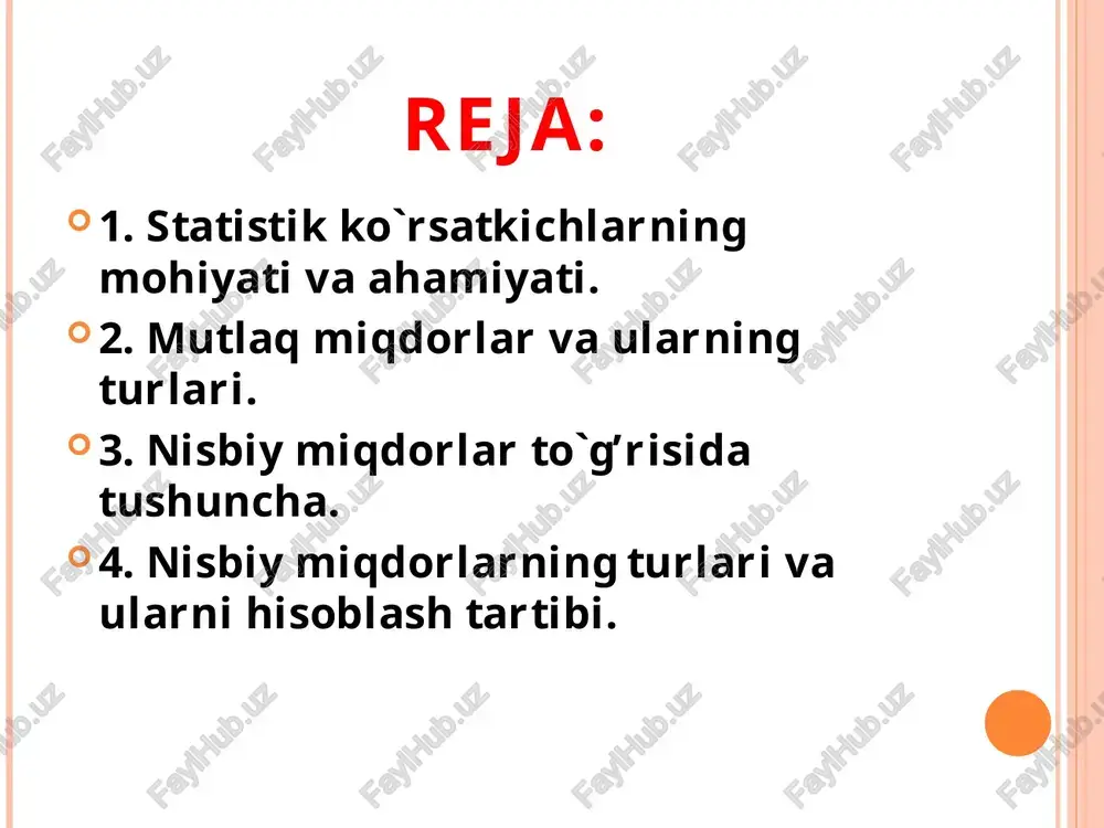 ishlab chiqarilgan ko`mir – tonna, aholi soni – kishi, ekin maydoni – gektar, bosib o`tilgan masofa – kilometrlarda ifodalanadi. shartli natura – o`lchov birligi deyilganda bir xil turdagi iste`mol qiymatga ega bo`lgan hodisalarni bir xil birlikka keltiruvchi o`lchov birliklari tushuniladi. bu birlik (koeffitsientlar) negizida o`rganilayotgan hodisalarning muhim iste`mol qiymatiga asoslangan nisbatlar yotadi. 3. nisbiy miqdorlar to`g’risida tushuncha. ikkita taqqoslama mutlaq miqdorni bo`lish natijasida olingan umumlashtiruvchi miqdor statistikada nisbiy miqdorlar deb ataladi. nisbiy miqdorlar har xil shakllari ifodalanish mumkin. ularning ifodalanish shakli bazis miqdorning (nisbat maxrajini) qanday birlikka tenglashtirib olinishiga bog’liqdir. shunga qarab, nisbiy miqdorlar koeffitsientlarda, foizda, promilleda, prodetsimilleda ifodalanadi. 4. nisbiy miqdorlar quyidagi asosiy turlarga bo`linadi: reja topshirig’i nisbiy miqdorlari. buyurtma (shartnoma) bajarilishi nisbiy miqdorlari. dinamika nisbiy miqdorlari. tuzilma (struktura) nisbiy miqdorlari. koordinatsiya nisbiy miqdorlari. intensiv nisbiy miqdorlar. ob`ektlararo va hududiy taqqoslash nisbiy miqdorlari. 1. reja topshirig’i nisbiy miqdori rejalashtirilayotgan davr ko`rsatkichining oldingi yilning haqiqiy ko`rsatkichiga nisbatan qanday o`zgarishi lozimligini …