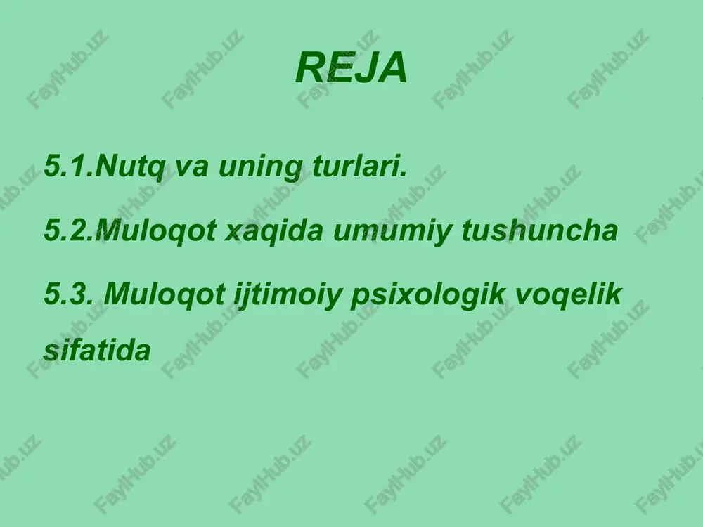 gan bo’lsa, biz uning qay darajada samimiyligini bilib olamiz. psixologik ta’sir bu turli vositalar yordamida insonlarning fikrlari, hissiyotlari va xatti-harakatlariga ta’sir ko’rsata olishdir. psixologik ta’sirning uch vositasi ajratiladi: verbal ta’sir – bu so’z va nutqimiz orqali ko’rsatiladigan ta’sirimizdir. bundagi asosiy vositalar so’zlar hisoblanadi. nutq so’zlashuv o’zaro muloqot jarayoni bo’lib, uning vositasi so’zlar hisoblanadi. monologik nutqda ham diologik nutqda ham kishi o’zidagi barcha so’zlar zahirasidan foydalanib, eng ta’sirchan so’zlarni topib sherigiga ta’sir ko’rsatishni xohlaydi. verbal muloqot barerlari noverbal ta’sirning ma’nosi “nutqsiz”dir. bunga suhbatdoshlarning fazoda bir-birlariga nisbatan tutgan o’rinlari, holatlari (yaqin, o’zoq, intim), qiliqlari, mimika, pantomimika, qarashlar, bir-birini bevosita his qilishlar, tashqi qiyofa, undan chiqayotgan turli signallar (shovqin, hidlar) kiradi. ularning barchasi muloqot jarayonini yanada ko’chaytirib, suhbatdoshlarning bir-birlarini yaxshiroq bilib olishlariga yordam beradi. muloqot - shaxs faoliyati turlarini amalga oshirish uchun zarur bo’lgan faoliyat turi va o’zaro ta’sir etish jarayoni; inson hayoti asosiy sohalaridan biri; insonlar o’rtasidagi shaxslararo munosabatlar paydo bo’ladigan, namoyon …