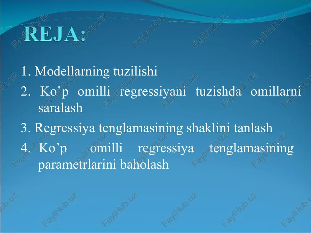 i regressiyaga kiritiluvchi omillar mustaqil o’zgaruvchilar variatsiyasini aniqlab berishi kerak. agar “p” omilli to’plami bilan model tuzilgan bo’lsa, natijaviy belgining omillar regressiyasidagi aniqlangan variatsiyasining ulushini ifodalovchi determinatsiya ko’rsatkichi hisoblanadi. modelda e’tiborga olinmagan omillarning ta’siri ifoda bilan va unga mos qoldiq dispersiya bilan baholanadi. ko’p omilli regressiyani tuzishda omillarni saralash regressiya koeffisentlari misol. maxsulot birligi tannarxini ( y, so’m ), ishchining ish haqiga (x , so’m ) va uning mehnat samaradorligiga ( z, so’m ) regressiyasini ko’rib chiqaylik. u quydagicha ifodalangan bo’lsin: regresiya tenglamasiga qo`shimcha omillar kiritilganda determinatsiya koeffitsenti va qoldiq dispersiya va 1 0,8 1 0,7 0,8 1 0,6 0,5 0,2 1 3. regressiya tenglamasining shaklini tanlash juft regressiya kabi ko’p omilli regressiyaning ham chiziqli va chiziqli bo’lmagan turli tenglamalari bo’lishi mumkin. parametrlarini aniq tahlil qilish imkoniyati mavjud bo’lgani uchun ko’proq chiziqli va darajali funktsiyalar qo’llaniladi. ko’p omilli chiziqli regressiyada, o’zgaruvchi oldidagi parametirlar “toza” regressiya koeffitsentlar deb ataladi. ular mos …